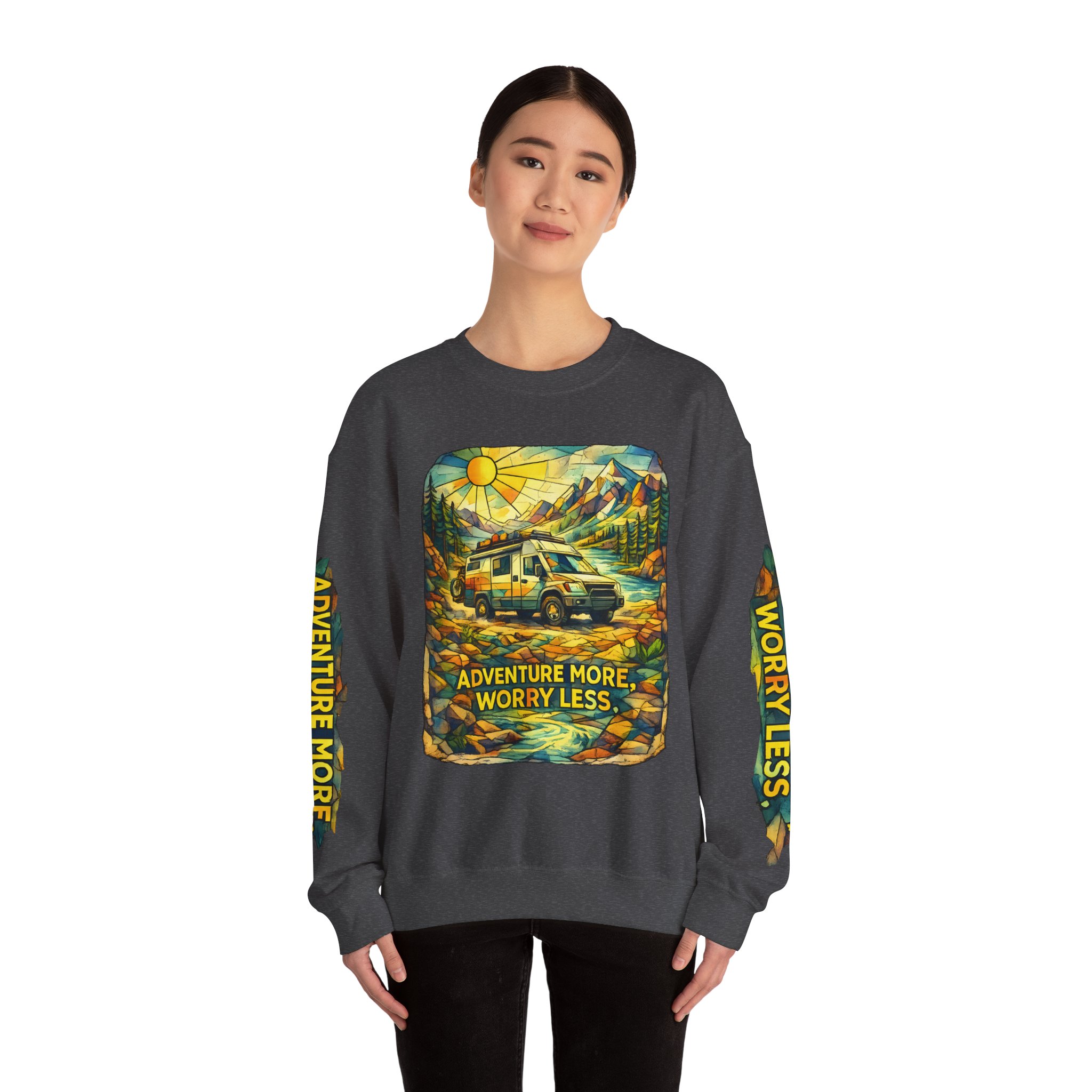 Unisex Heavy Blend™ Crewneck Sweatshirt — "Adventure More Worry Less" Design Cubic-Line
