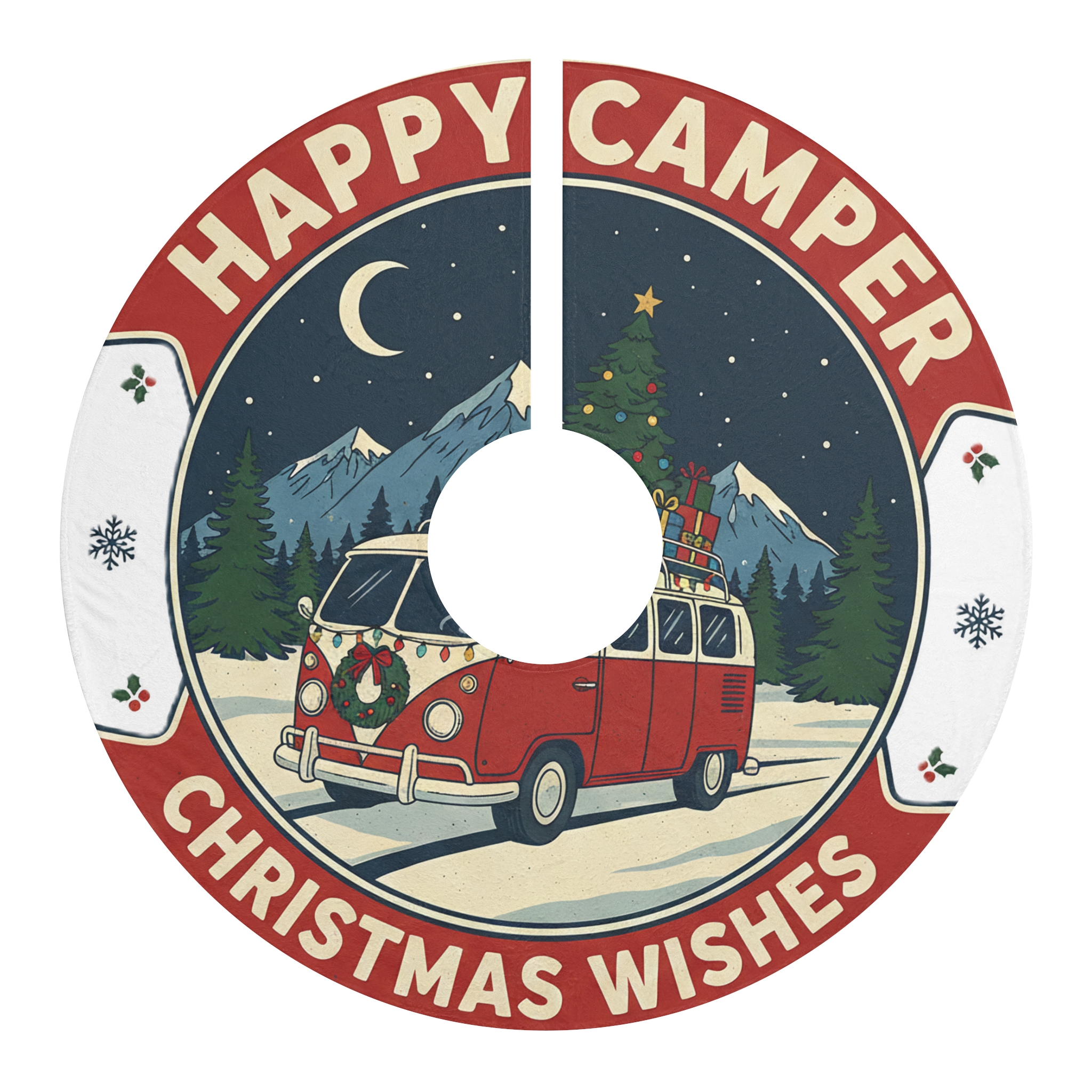 8992344431541074181_2048.jpeg Christmas Tree Skirt — "Happy Camper Christmas Wishes" Retro VW Van Holiday Tree Skirt