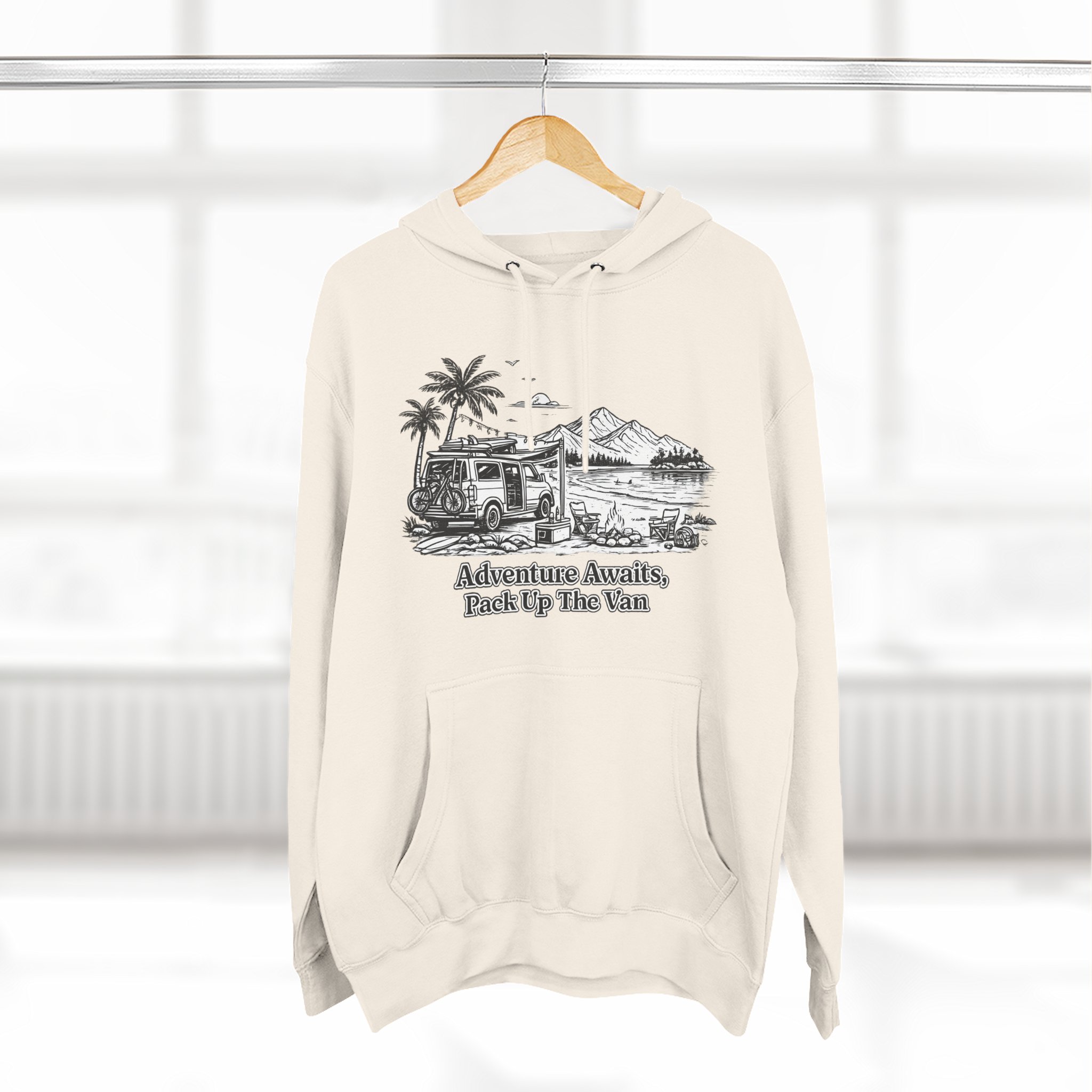 Three-Panel Fleece Hoodie - "Adventure Awaits,Pack Up The Van" Design Minimal-Line