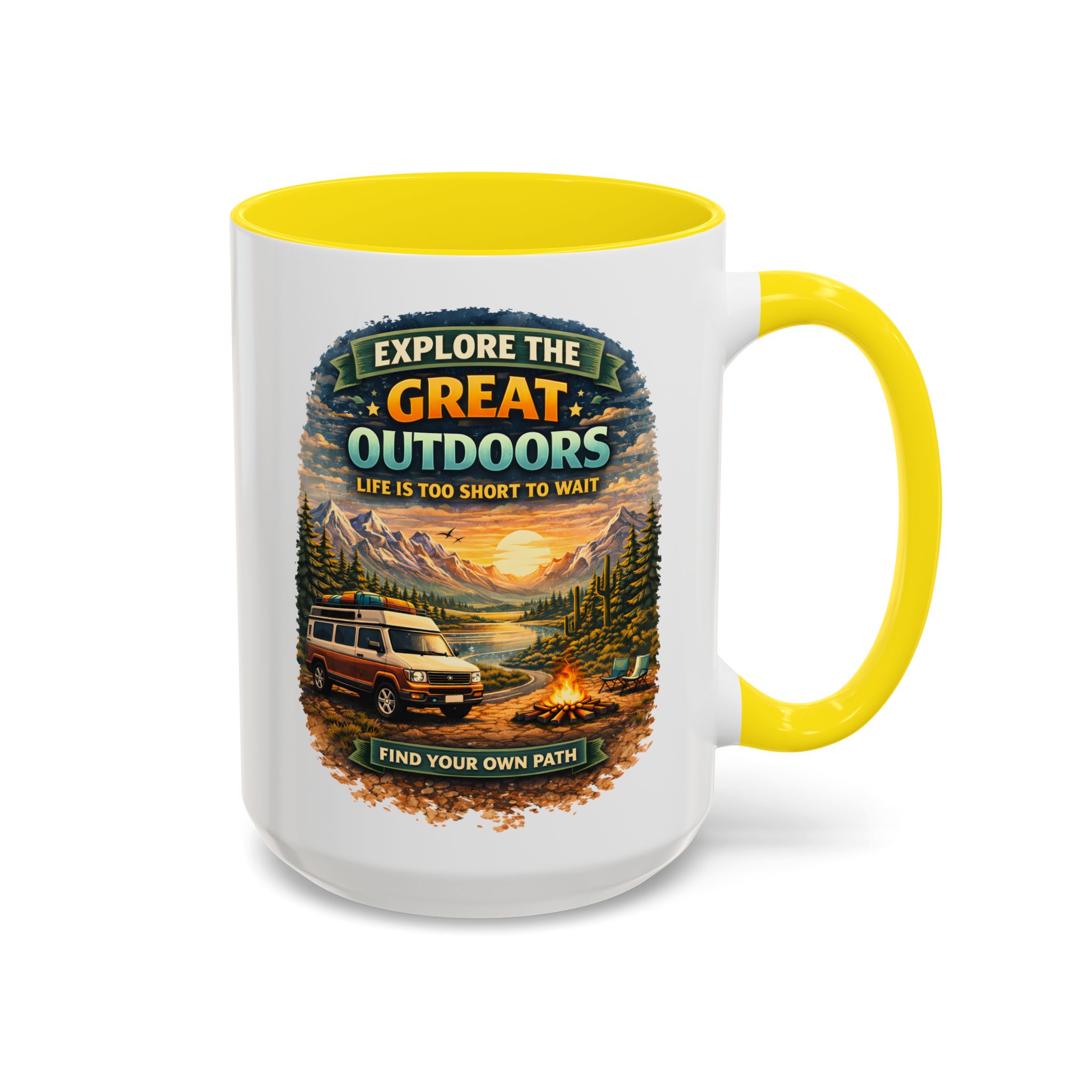 Accent Coffee Mug (11, 15oz) — "Explore The Great Outdoors" Design Scenic-Line