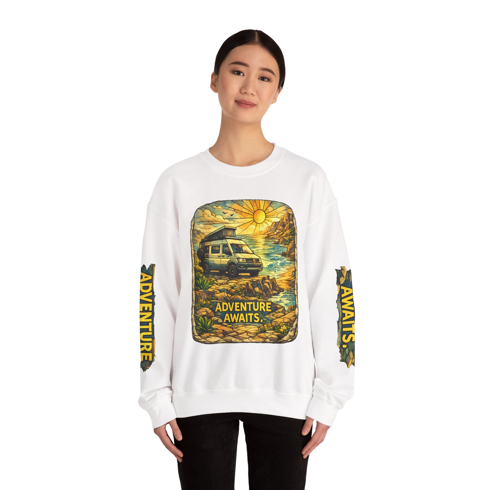 Unisex Heavy Blend™ Crewneck Sweatshirt — "Adventure Awaits" Design Cubic-Line