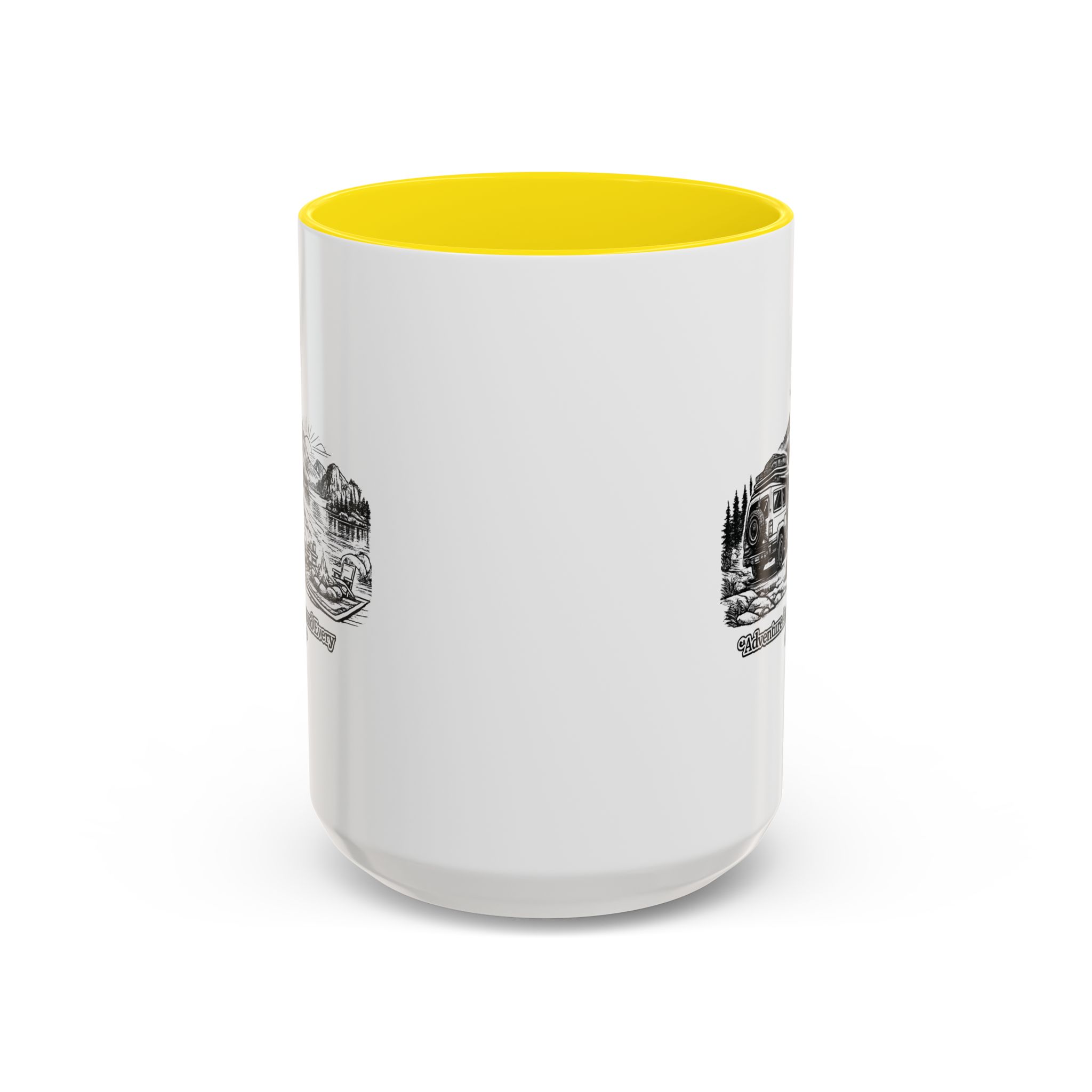 Accent Coffee Mug (11, 15oz) — "Adventure Awaits Around Every Corner" Design Minimal-Line