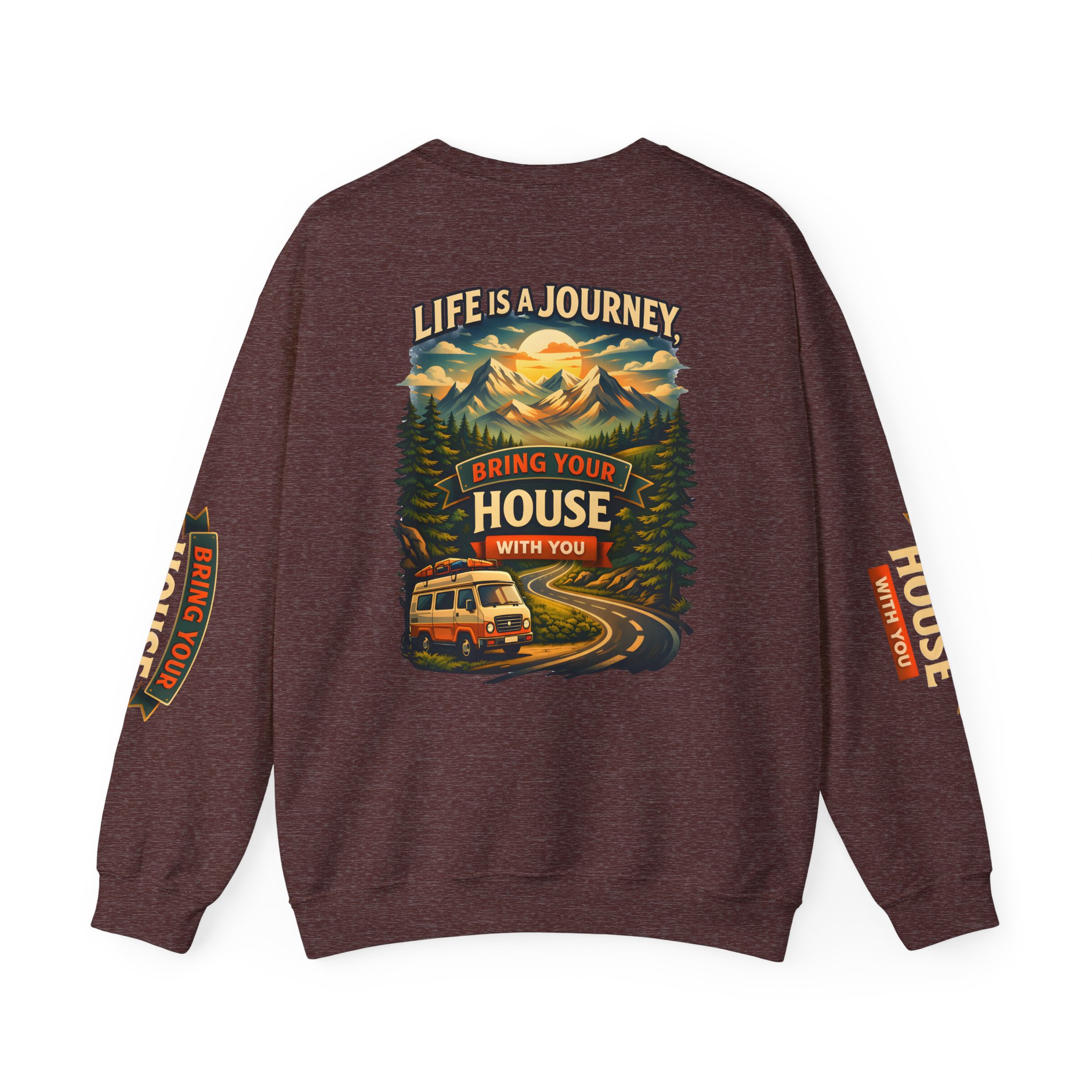 Unisex Heavy Blend™ Crewneck Sweatshirt — "Live Is A Journey-Bring Your House With You" Design Scenic-Line