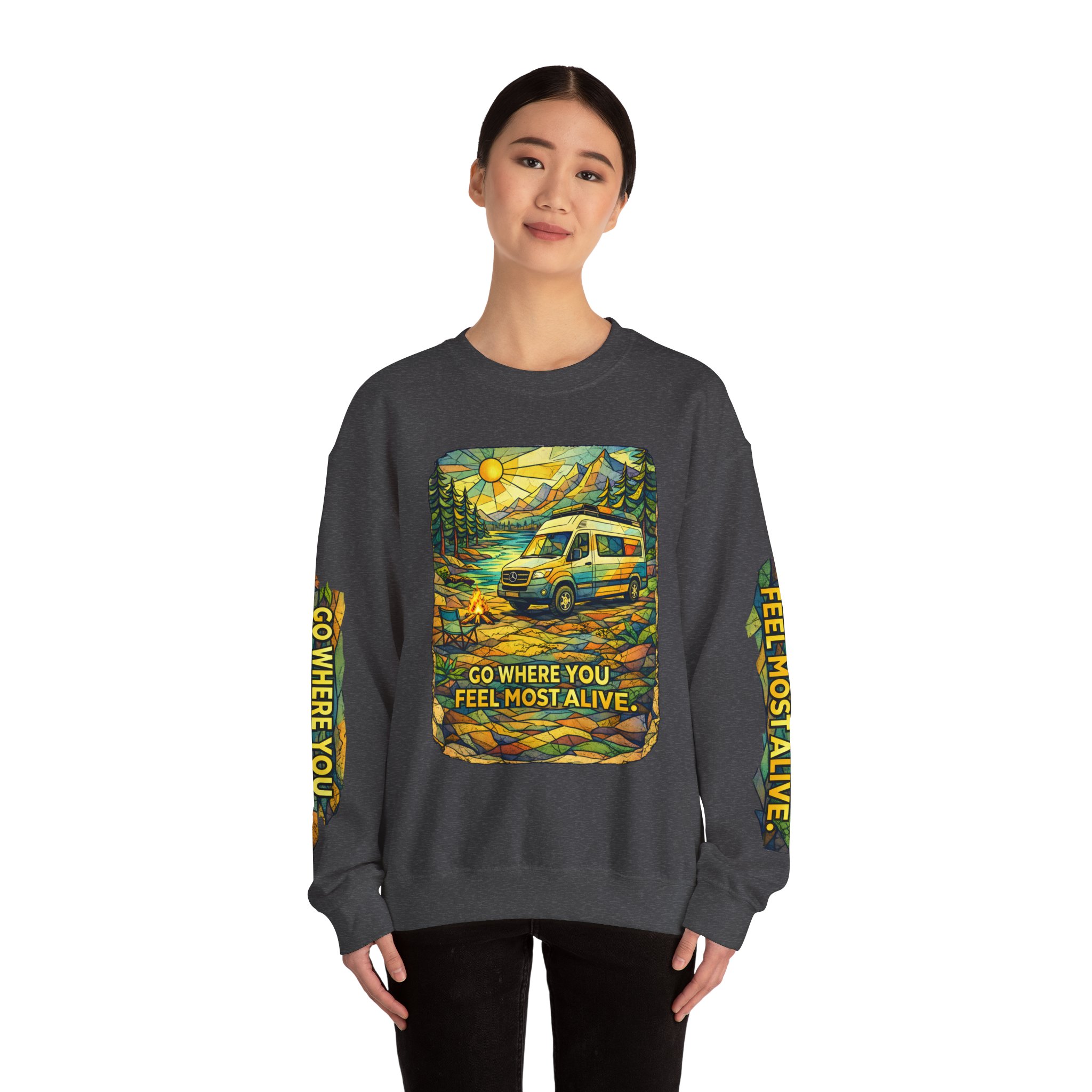 Unisex Heavy Blend™ Crewneck Sweatshirt — "Go Where You Feel Most Alive" Design Cubic-Line