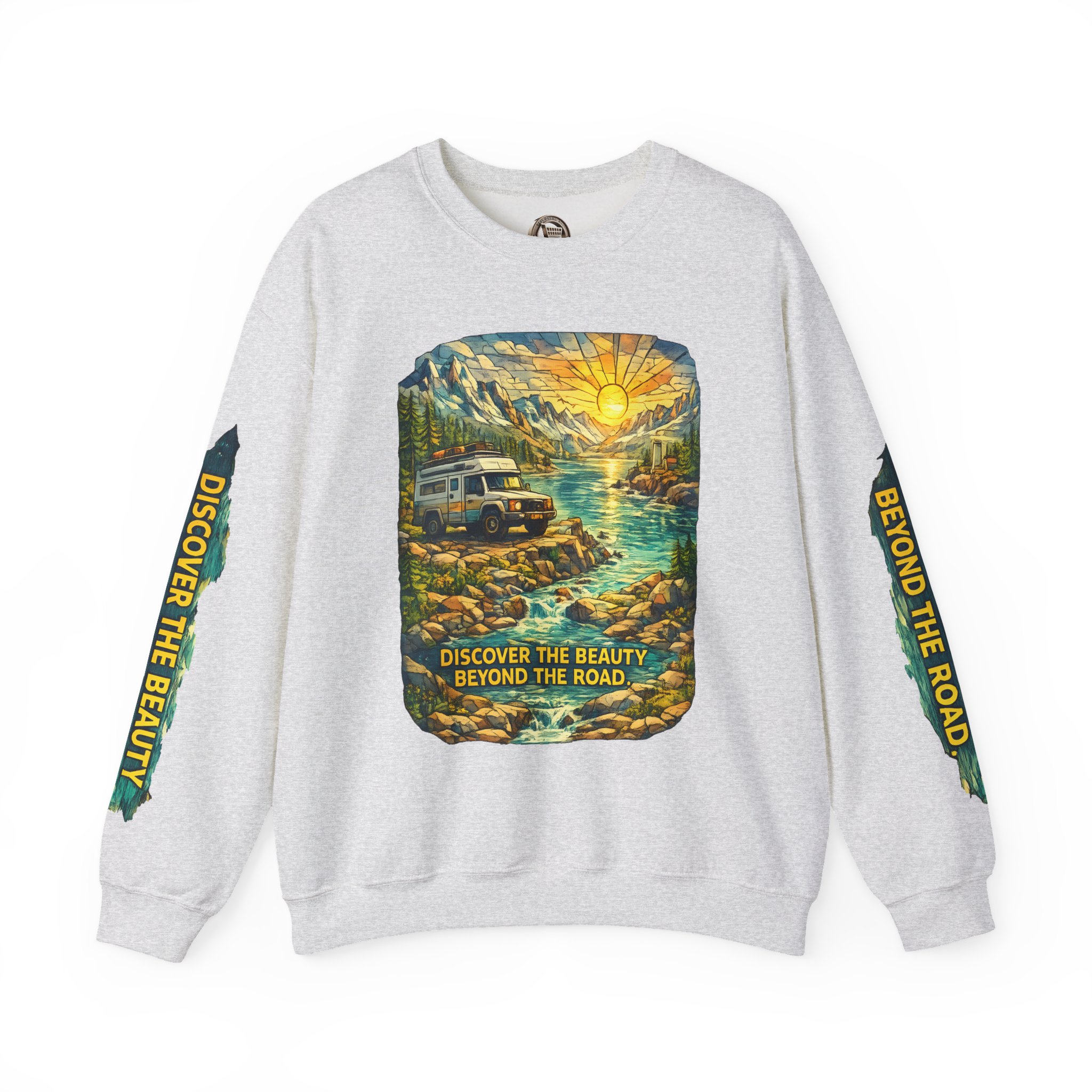 Unisex Heavy Blend™ Crewneck Sweatshirt — "Discover The Bieuty Beyond The Road" Design Cubic-Line