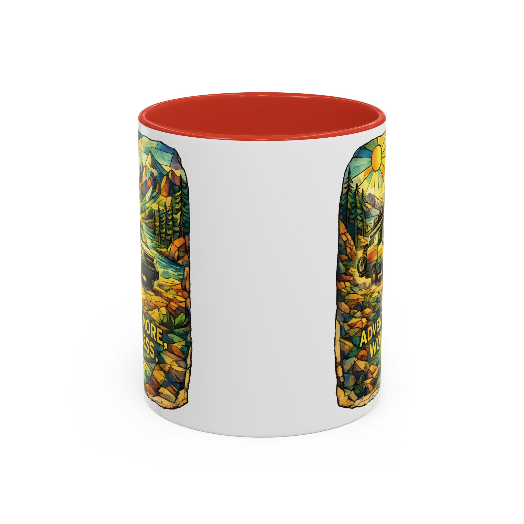 Accent Coffee Mug (11, 15oz) — "Adventure More Worry Less" Design Cubic-Line