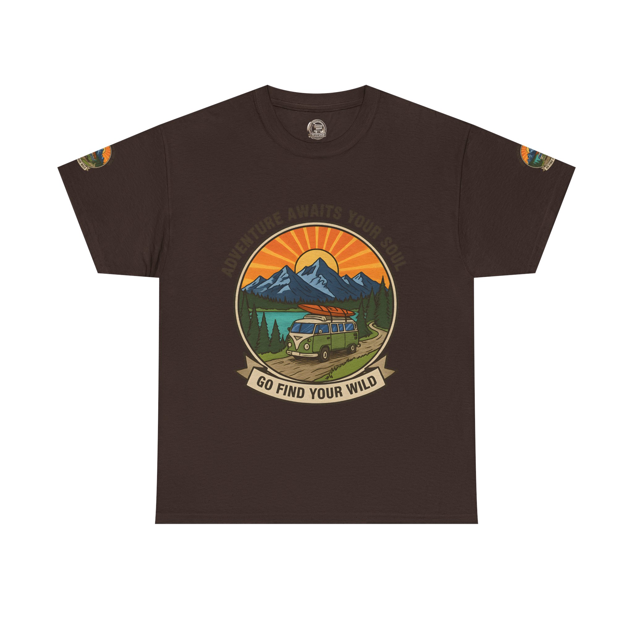 Unisex Heavy Cotton Tee — “Adventure Awaits Your Soul: Go Find Your Wild” Van & Mountain Graphic