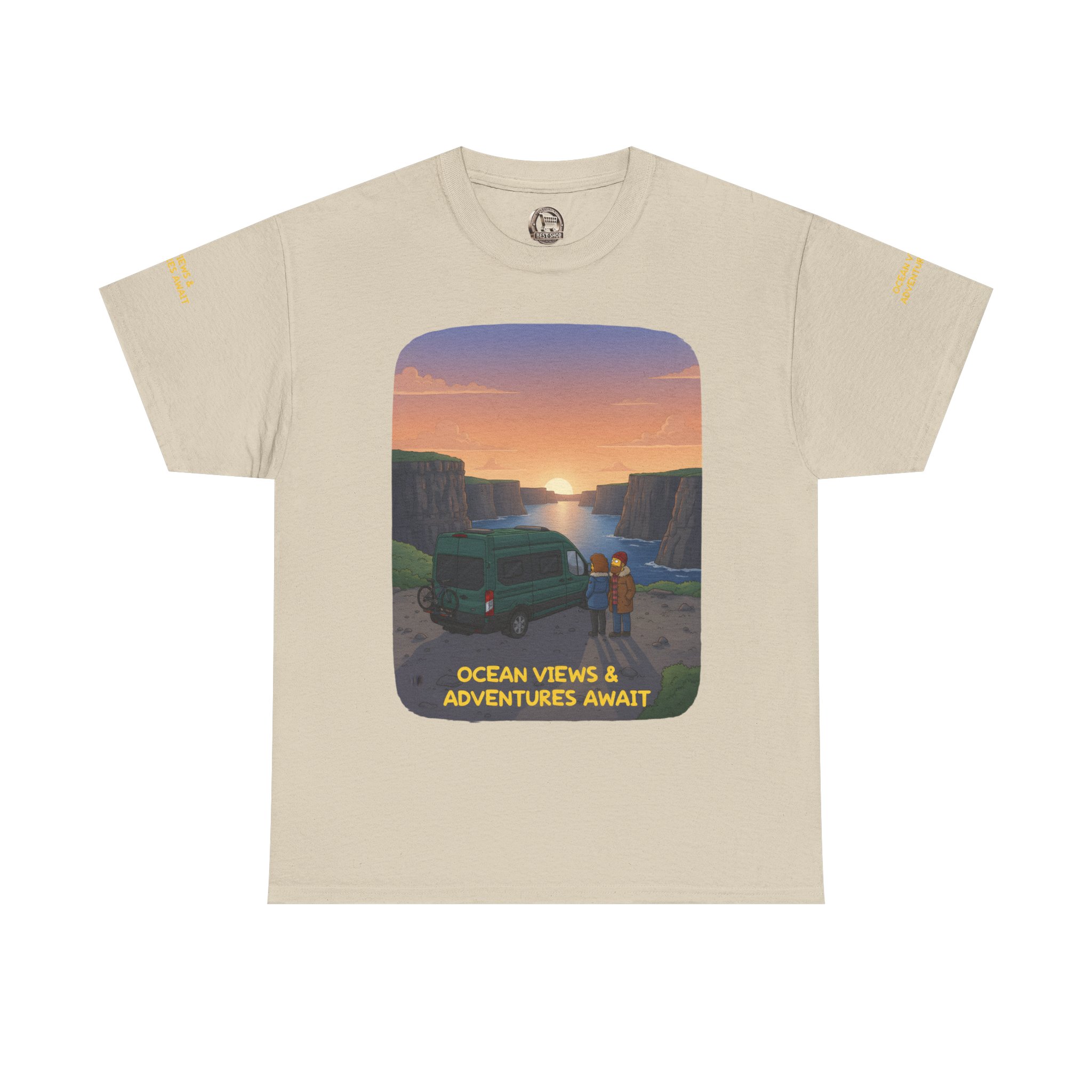 Unisex Heavy Cotton Tee — "Ocean Views-Adventures Awaits" Design Sitcom-Line