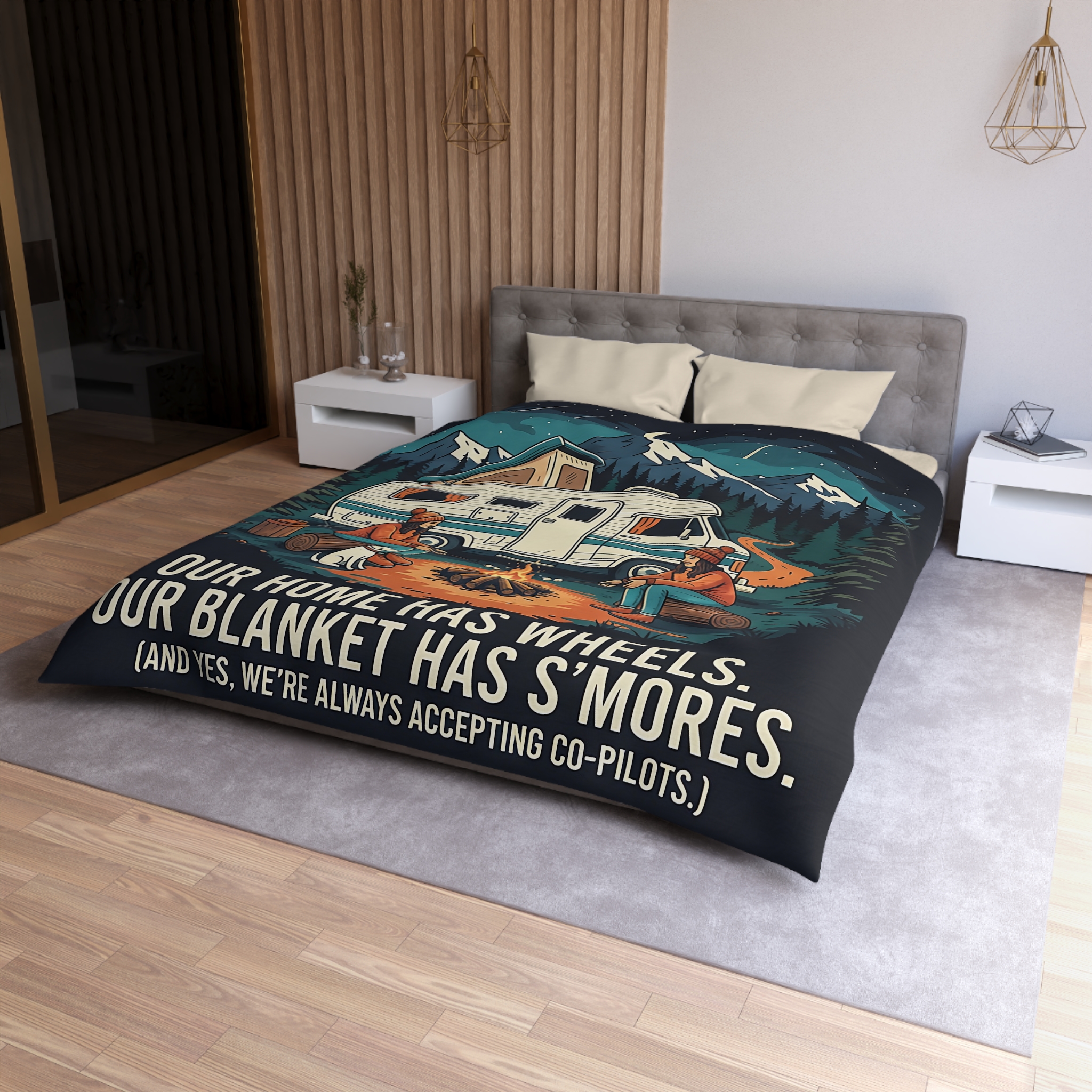 Duvet Cover — "Our Home Has Wheels, Our Blanket Has S'mores" Camping Bedding