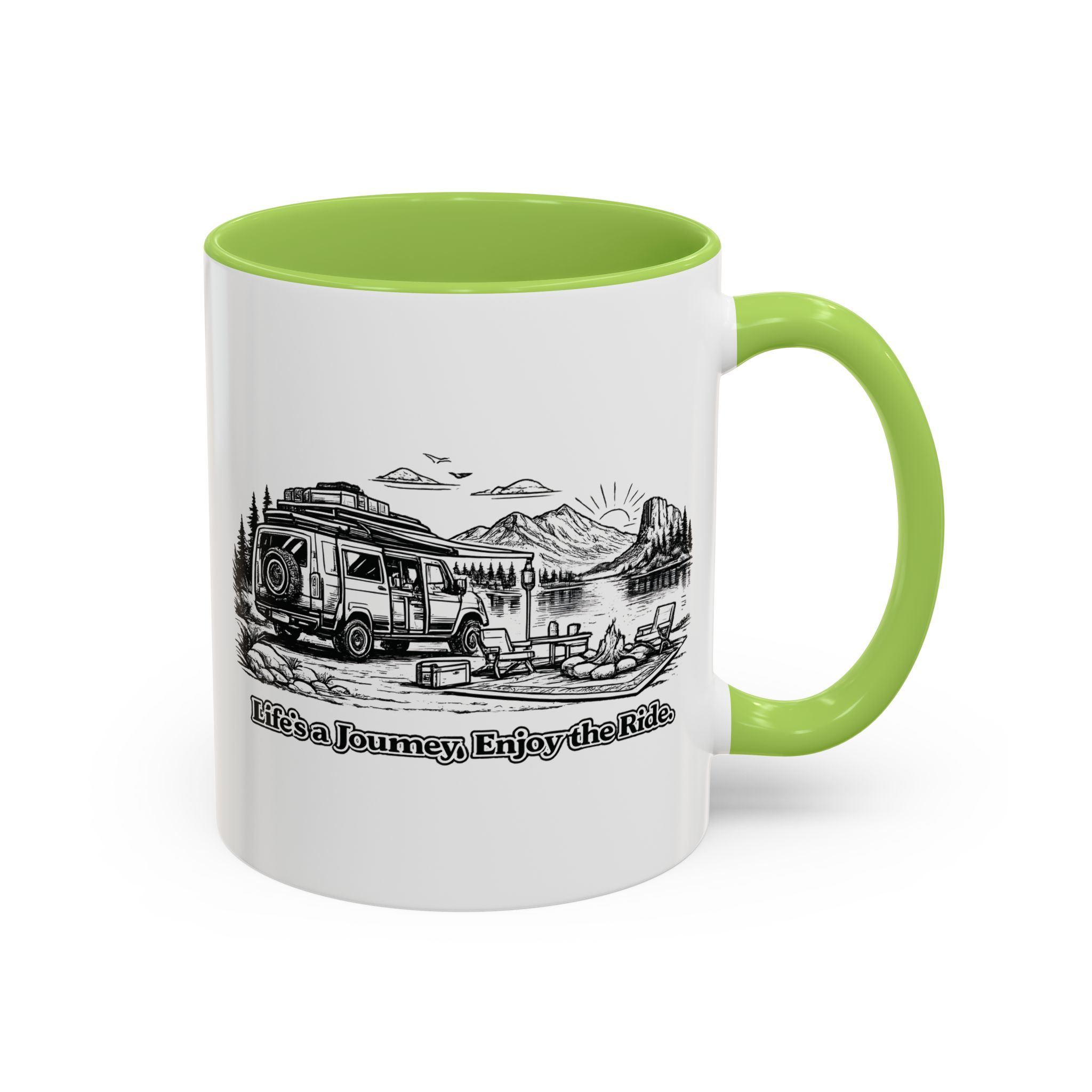 Accent Coffee Mug (11, 15oz) — "Lifes A Journey,Enjoy The Ride" Design Minimal-Line