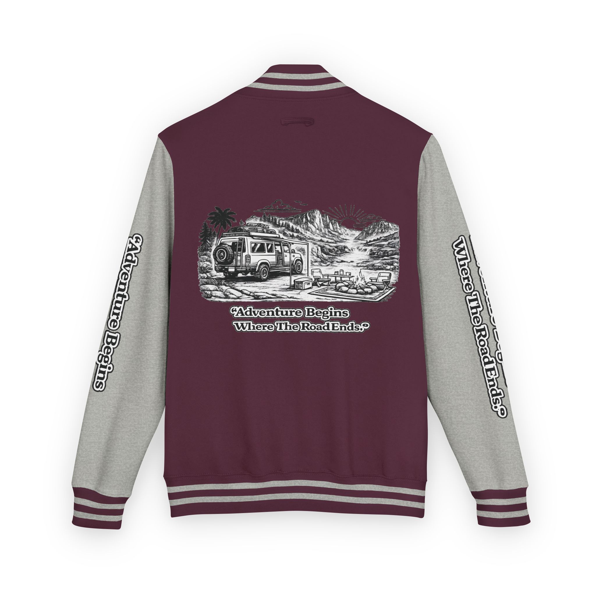 9089762274474234626_2048-1.jpeg Unisex Heavyweight Letterman Jacket — "Adventure Begins Where The Road Ends" Travel Varsity Coat