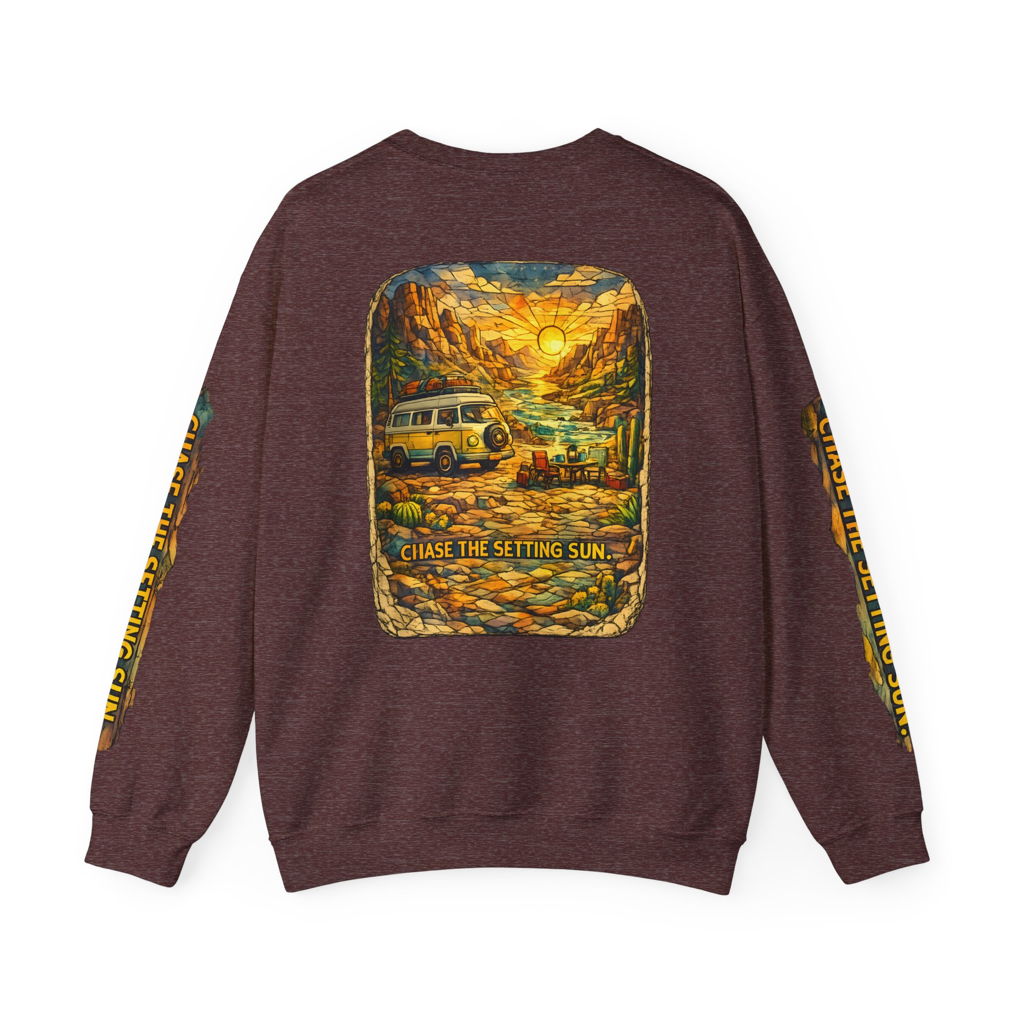 Unisex Heavy Blend™ Crewneck Sweatshirt — "Chase The Settings Sun" Design Cubic-Line
