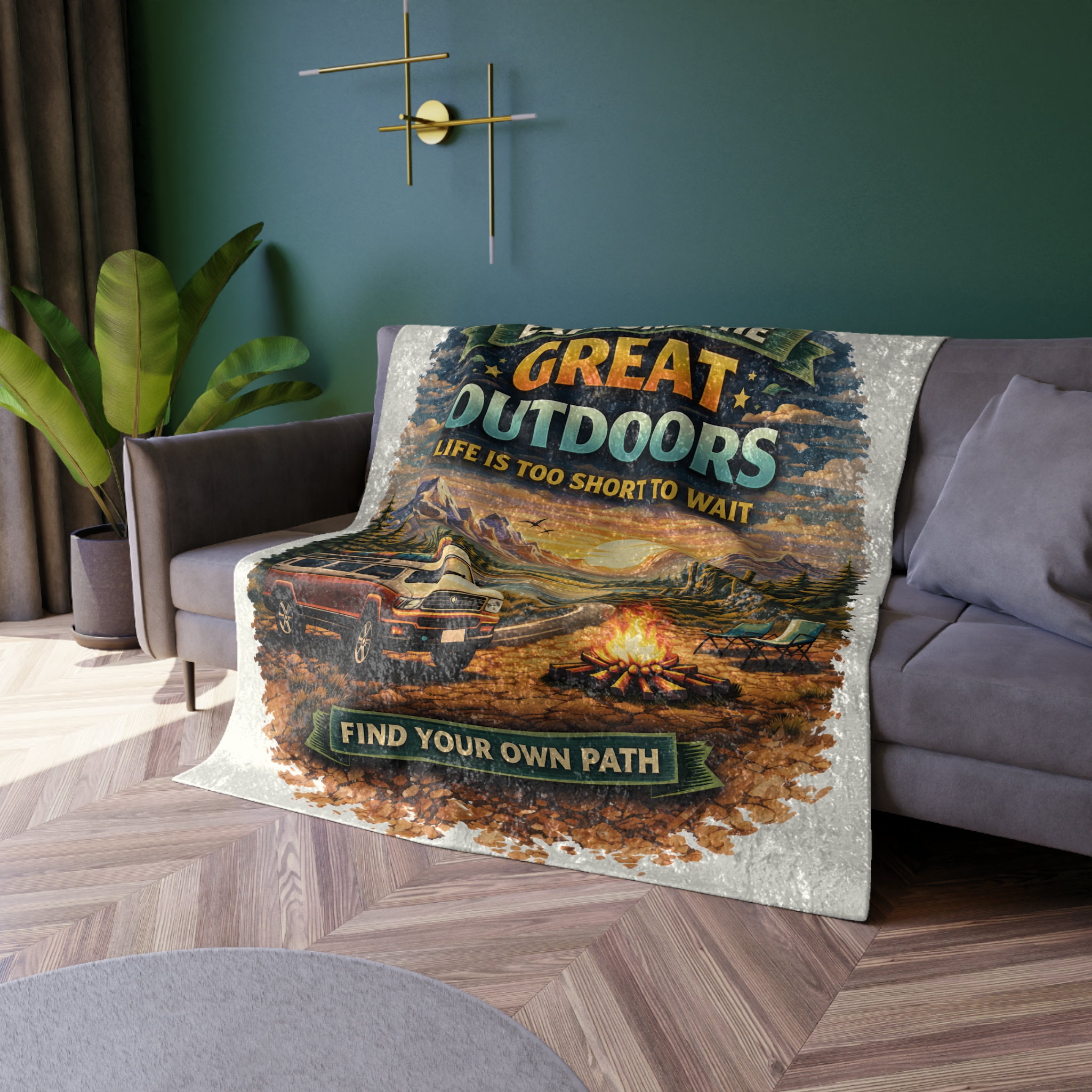 Crushed Velvet Blanket —"Explore The Great Outdoors" Design Scenic-Line (Campervan)