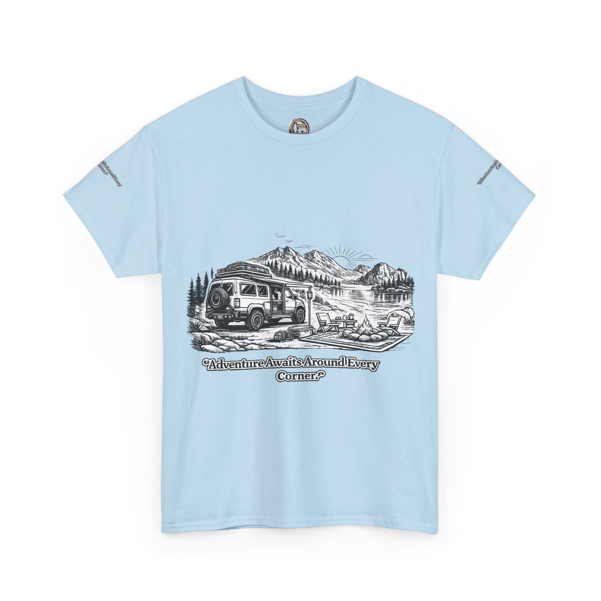 Unisex Heavy Cotton Tee — "Adventure Awaits Around Every Corner" Design Minimal-Line