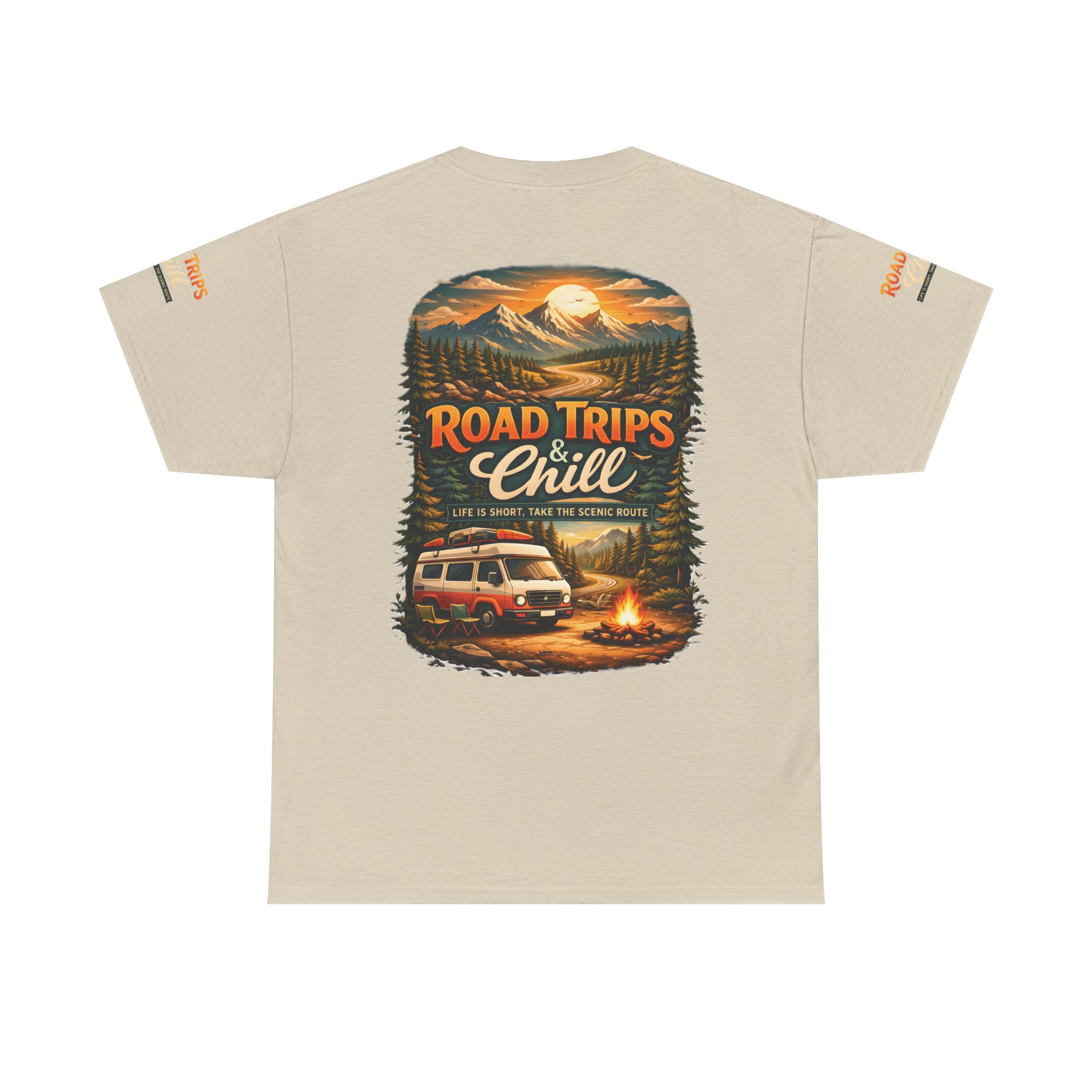 Unisex Heavy Cotton Tee — "Road Trips & Chill" Design Scenic-Line