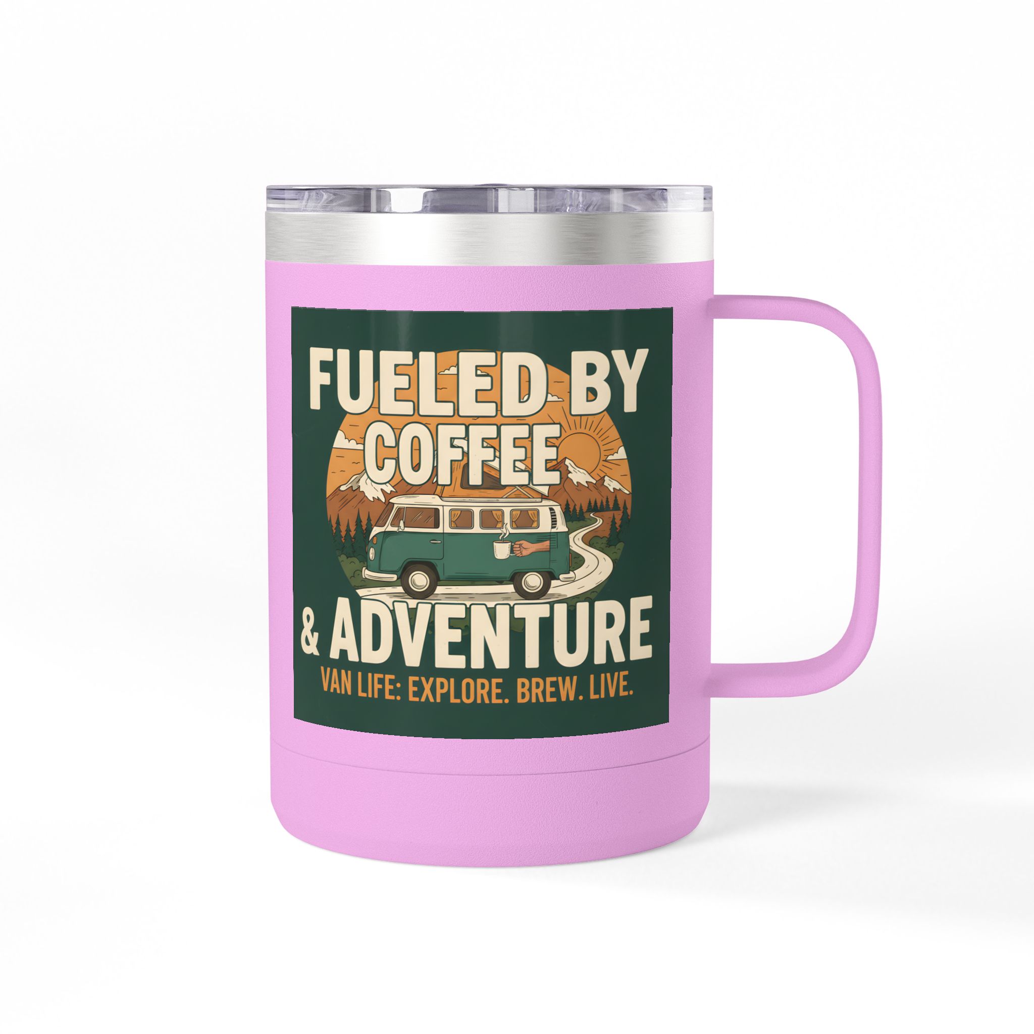 Coffee Mug Tumbler, 15oz — "Fueled by Coffee & Adventure"