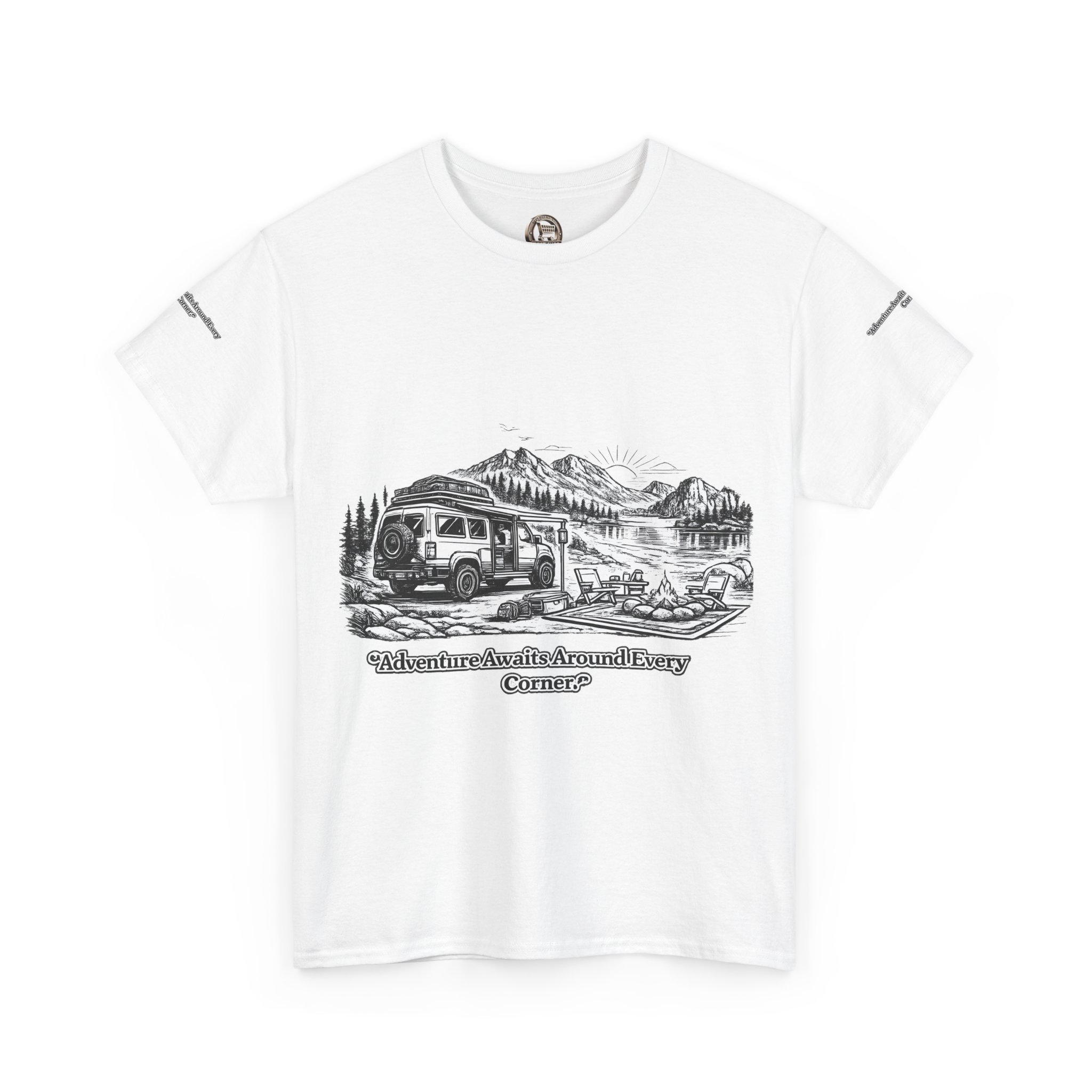 Unisex Heavy Cotton Tee — "Adventure Awaits Around Every Corner" Design Minimal-Line