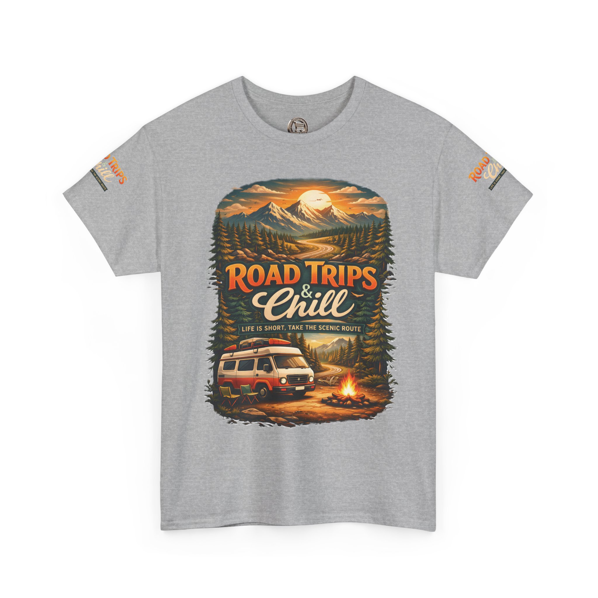 Unisex Heavy Cotton Tee — "Road Trips & Chill" Design Scenic-Line