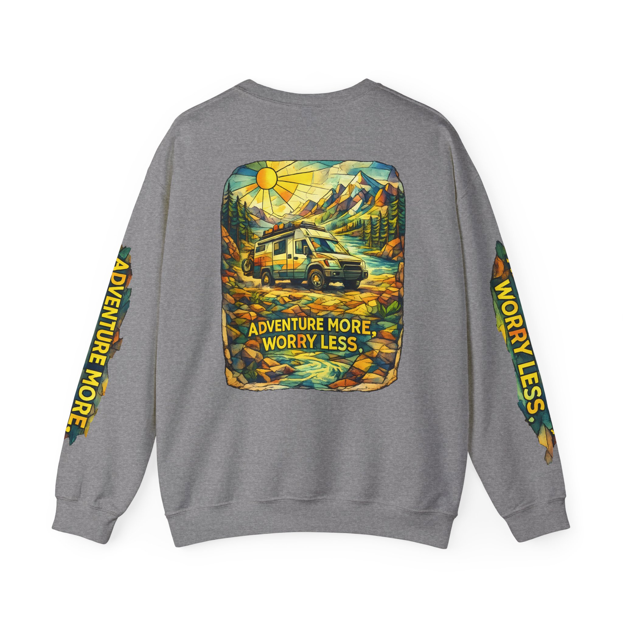 Unisex Heavy Blend™ Crewneck Sweatshirt — "Adventure More Worry Less" Design Cubic-Line