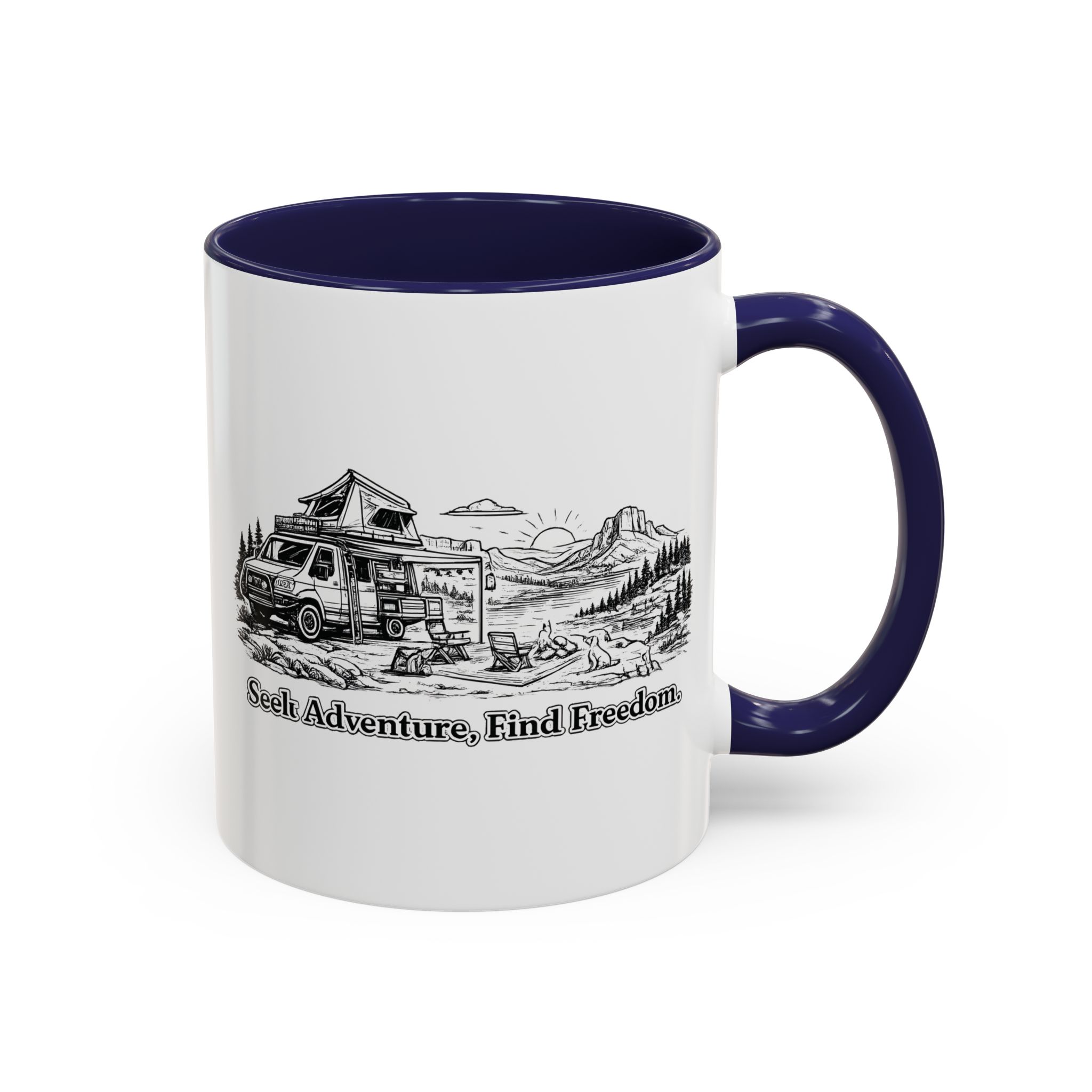 Accent Coffee Mug (11, 15oz) — "Seek Adventure, Find Freedom" Design Minimal-Line