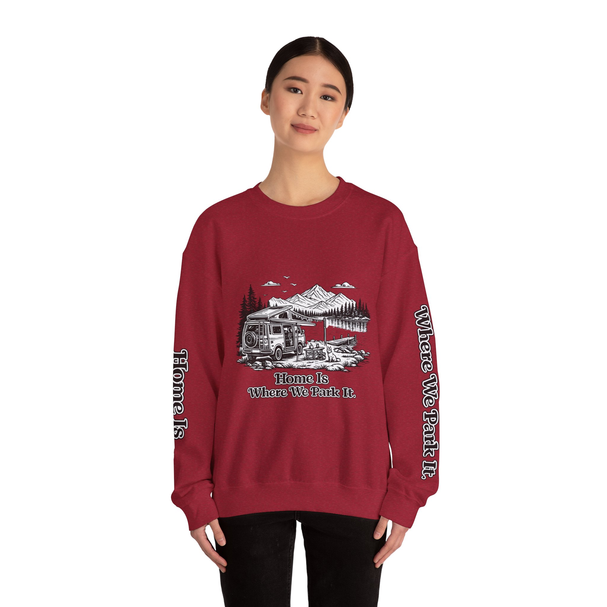 Unisex Heavy Blend™ Crewneck Sweatshirt — "Home Is Where You Park It" Design Minimal-Line