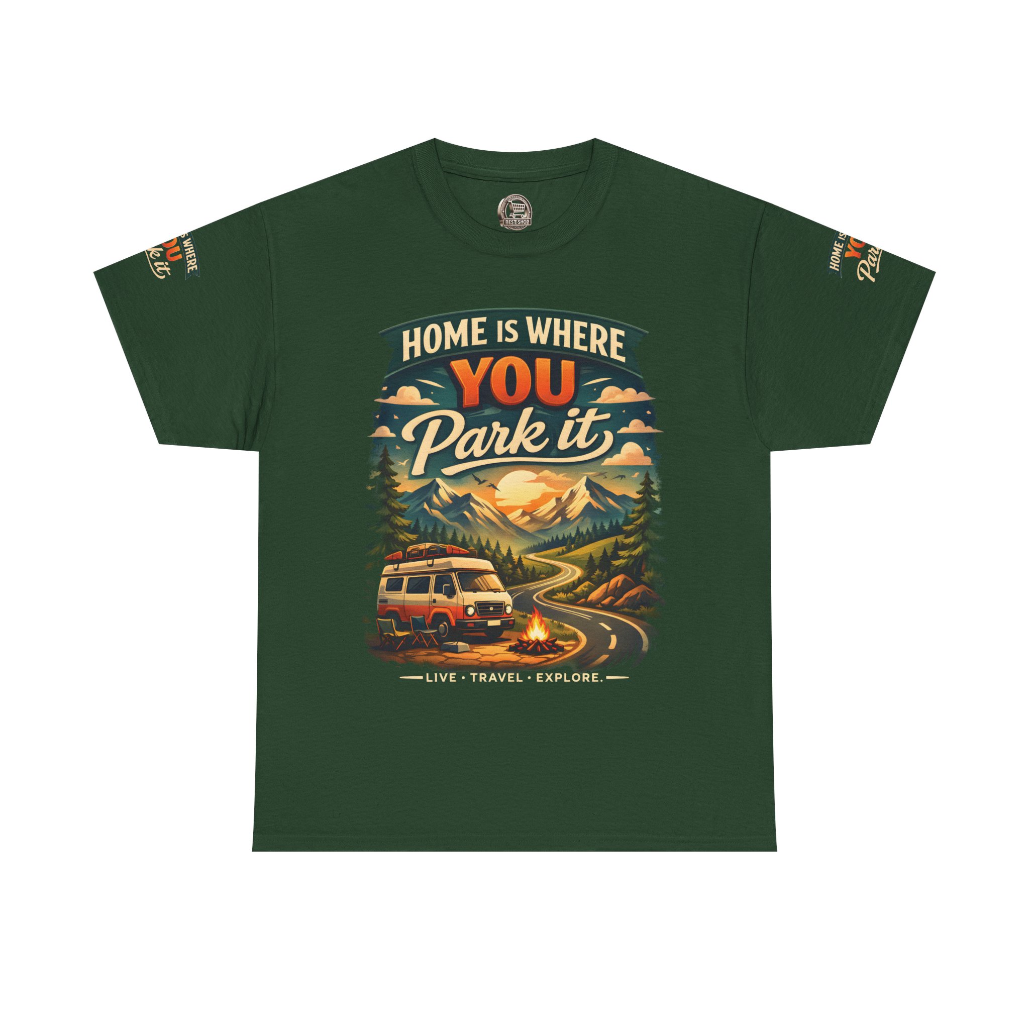Unisex Heavy Cotton Tee — "Hom Is Where You Park It" Design Scenic-Line
