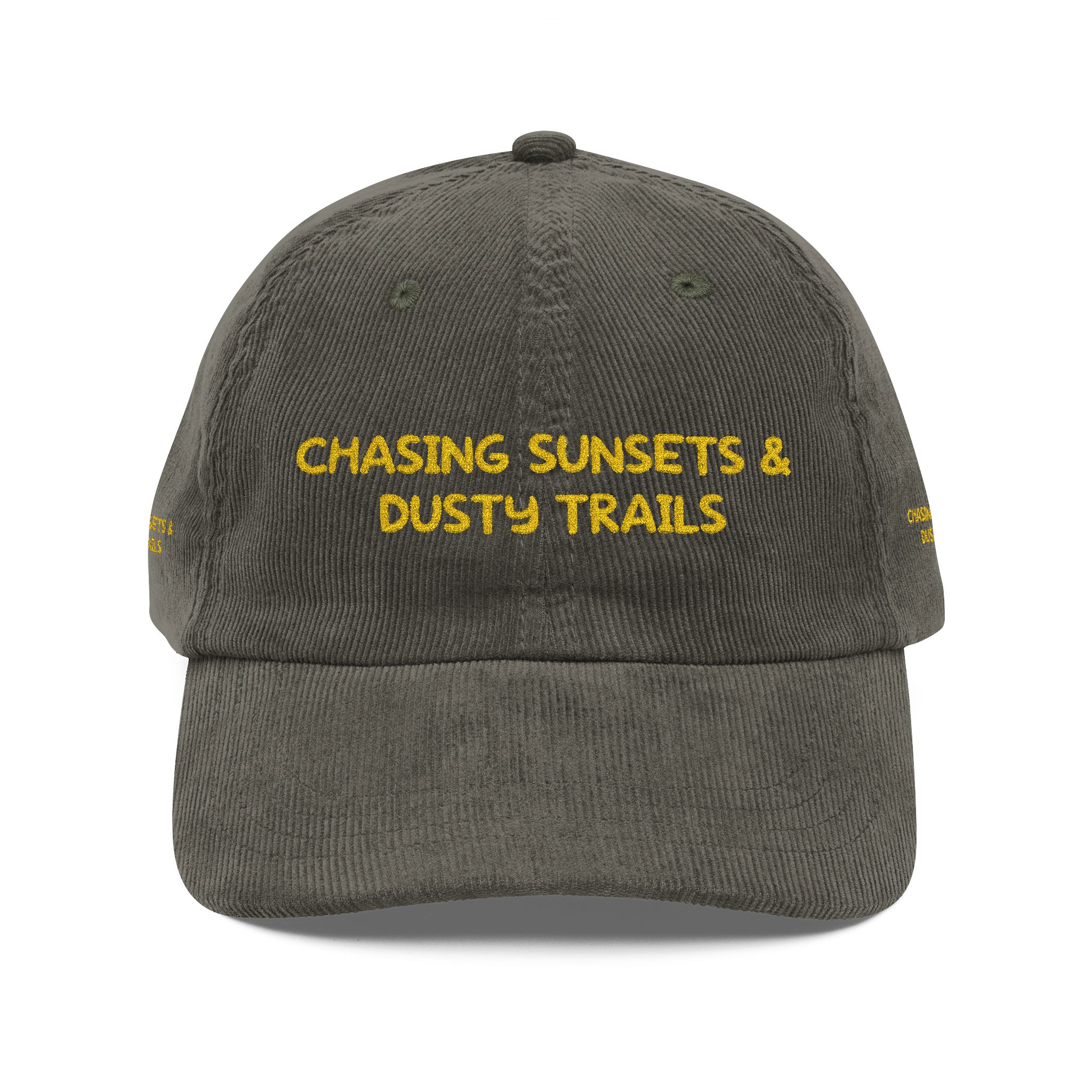 Vintage Corduroy Cap (Embroidery) — "Chasing Sunsets & Dusty Trails" Embroidered Hat