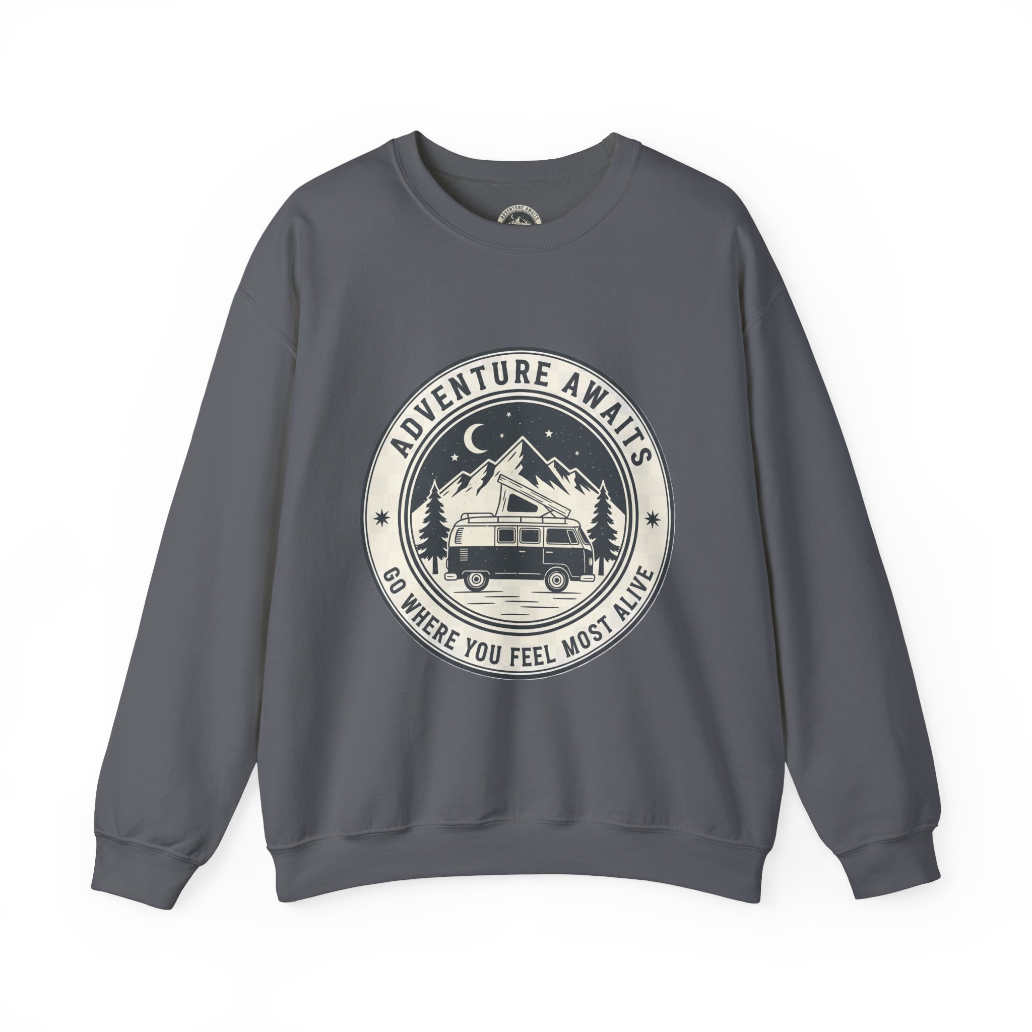 9192479544512334340_2048.jpeg Crewneck Sweatshirt — "Adventure Awaits-Go Where You Feel Most Alive" (Only Font + Back printed) Vintage Camper Van Outdoor Graphic