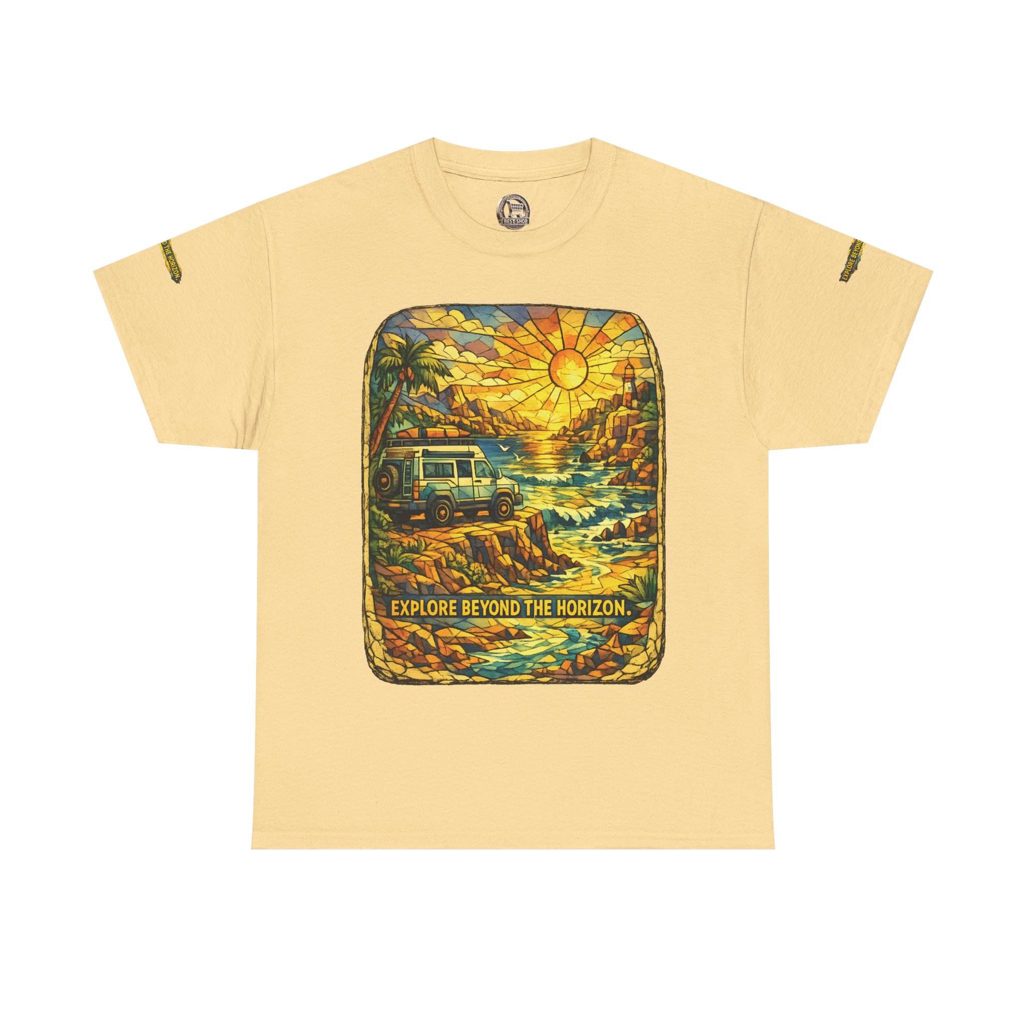 Unisex Heavy Cotton Tee — "Explore Beyond The Horizon" Design Cubic-Line