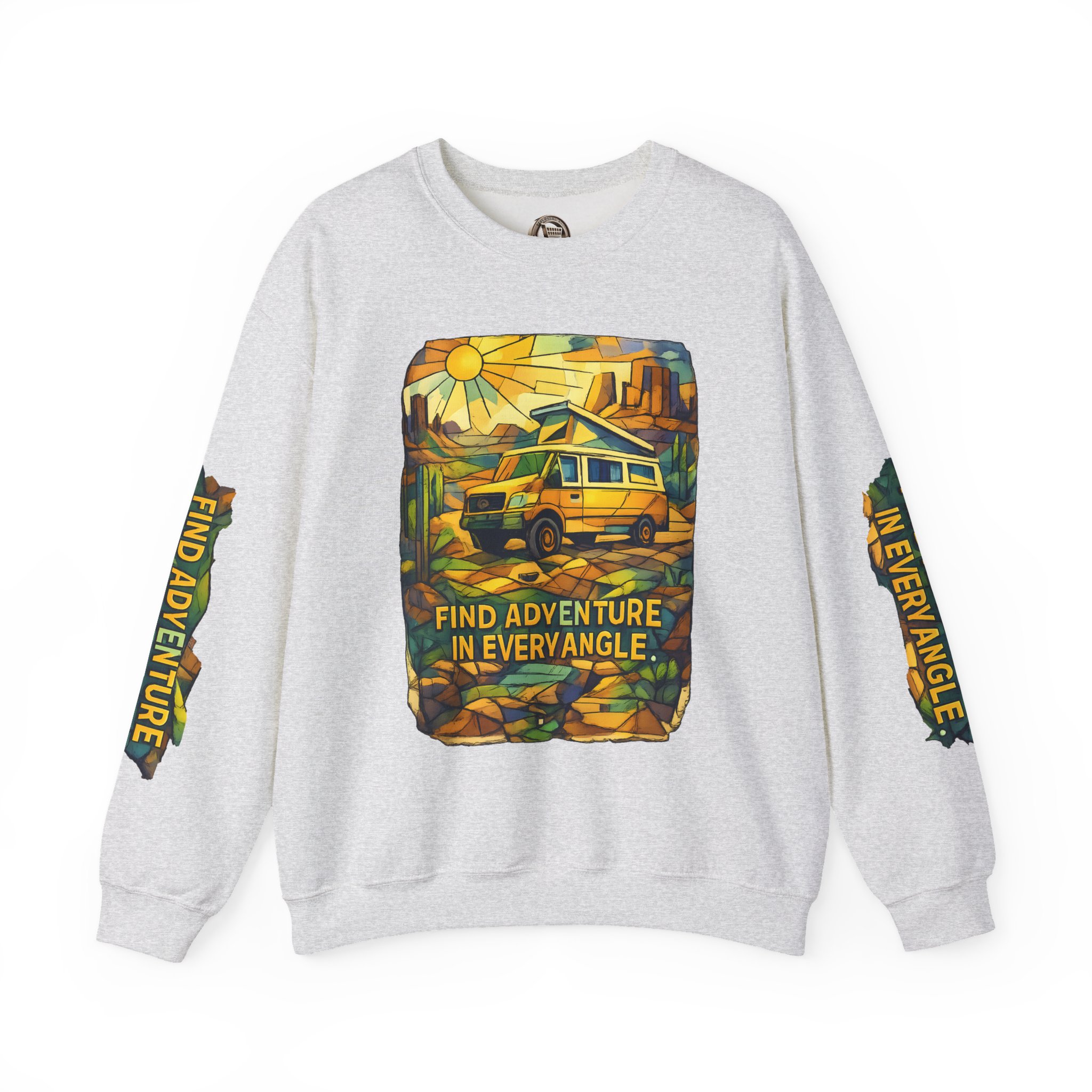 Unisex Heavy Blend™ Crewneck Sweatshirt — "Find Adventure In Every Corner" Design Cubic-Line