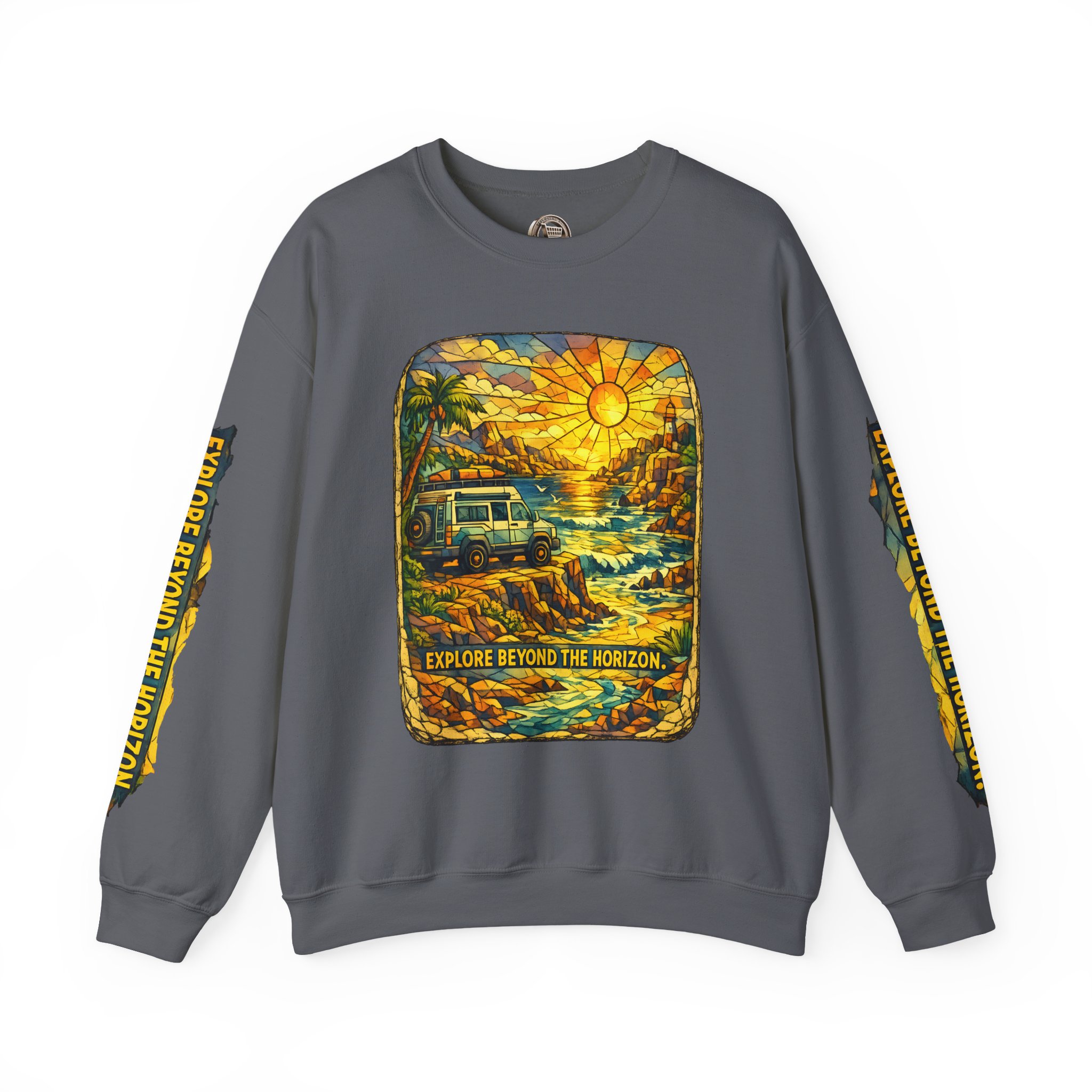 Unisex Heavy Blend™ Crewneck Sweatshirt — "Explore Beyond The Horizon" Design Cubic-Line
