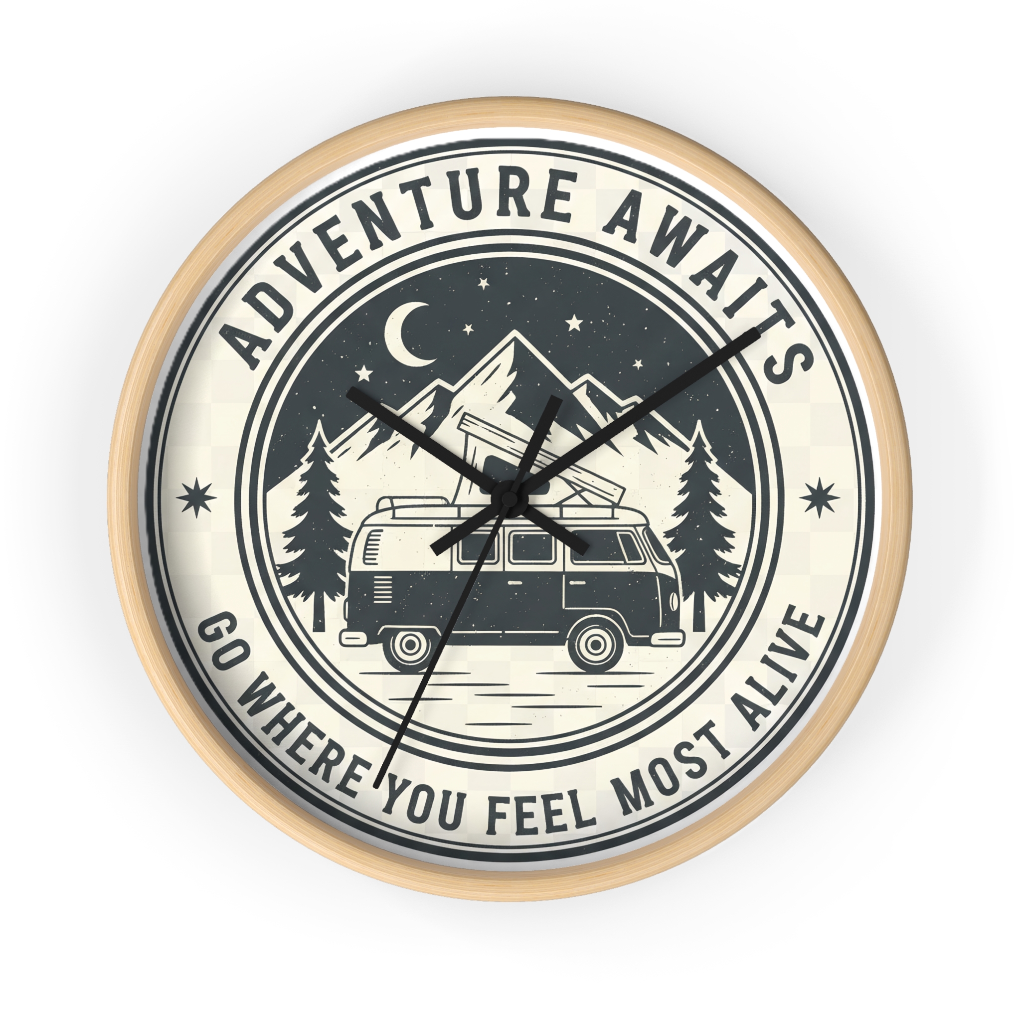 Wall Clock — "Adventure Awaits-Go Where You Feel Most Alive" Camper Van Mountain Travel Timepiece