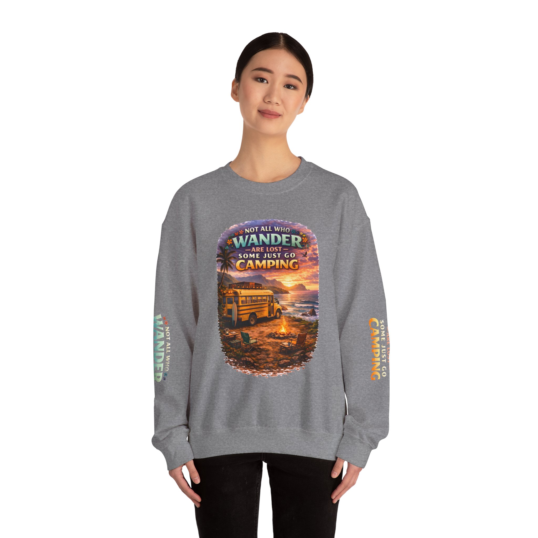 Unisex Heavy Blend™ Crewneck Sweatshirt — "Not All Who Wander Are Lost" Design Scenic-Line