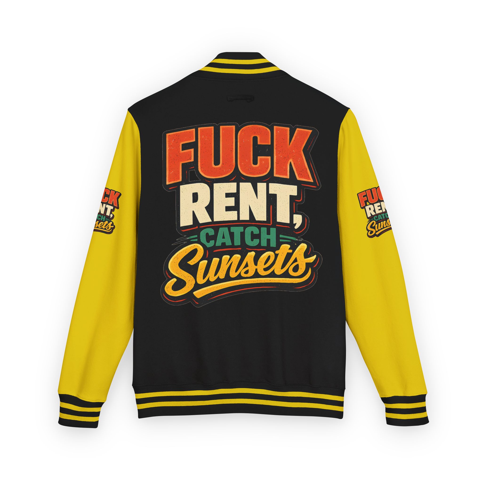 922460926358450482_2048-2.jpeg Unisex Heavyweight Letterman Jacket — "Fuck Rent Catch Sunsets" Design F**K-Line
