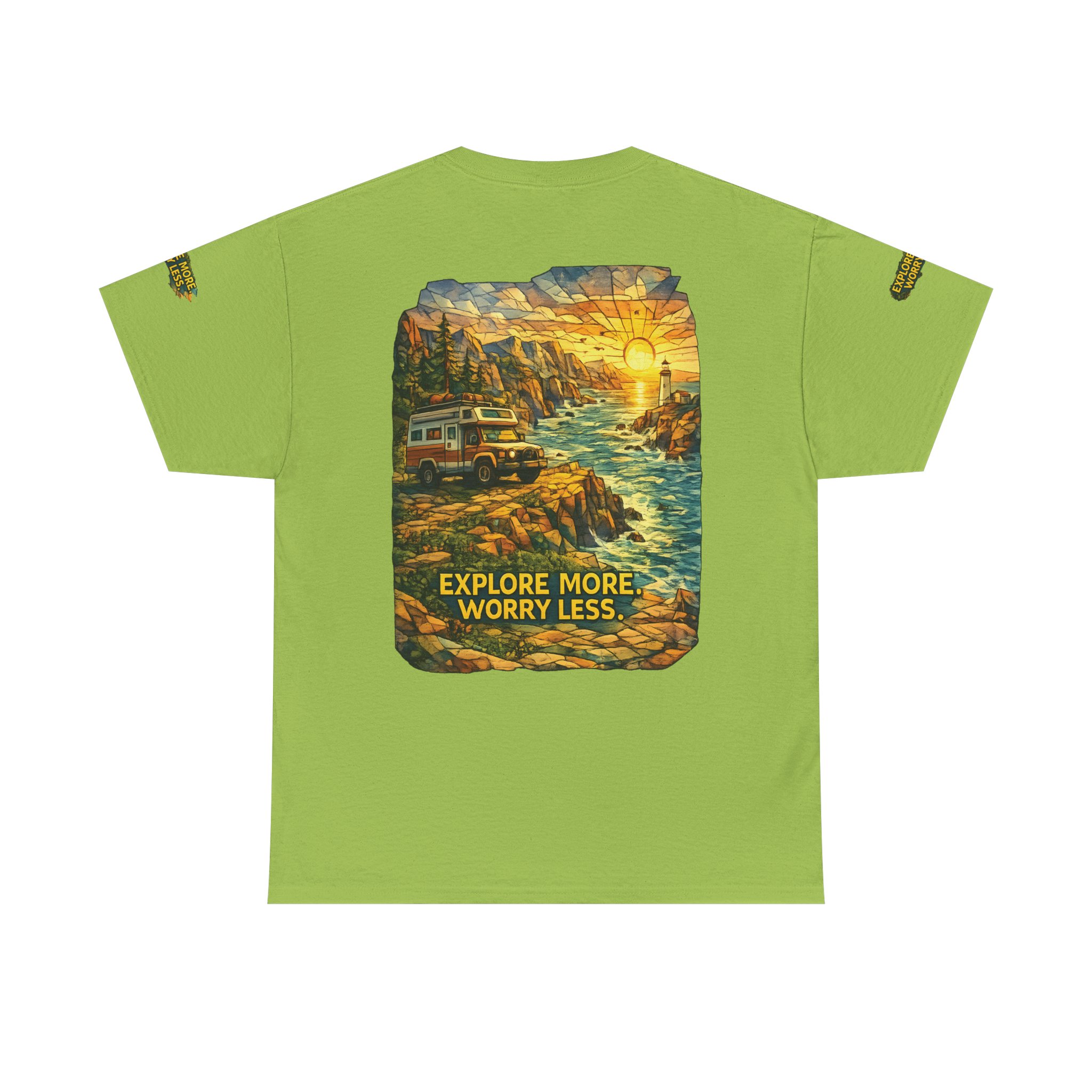 Unisex Heavy Cotton Tee — "Explore More Worry Less" Design Cubic-Line