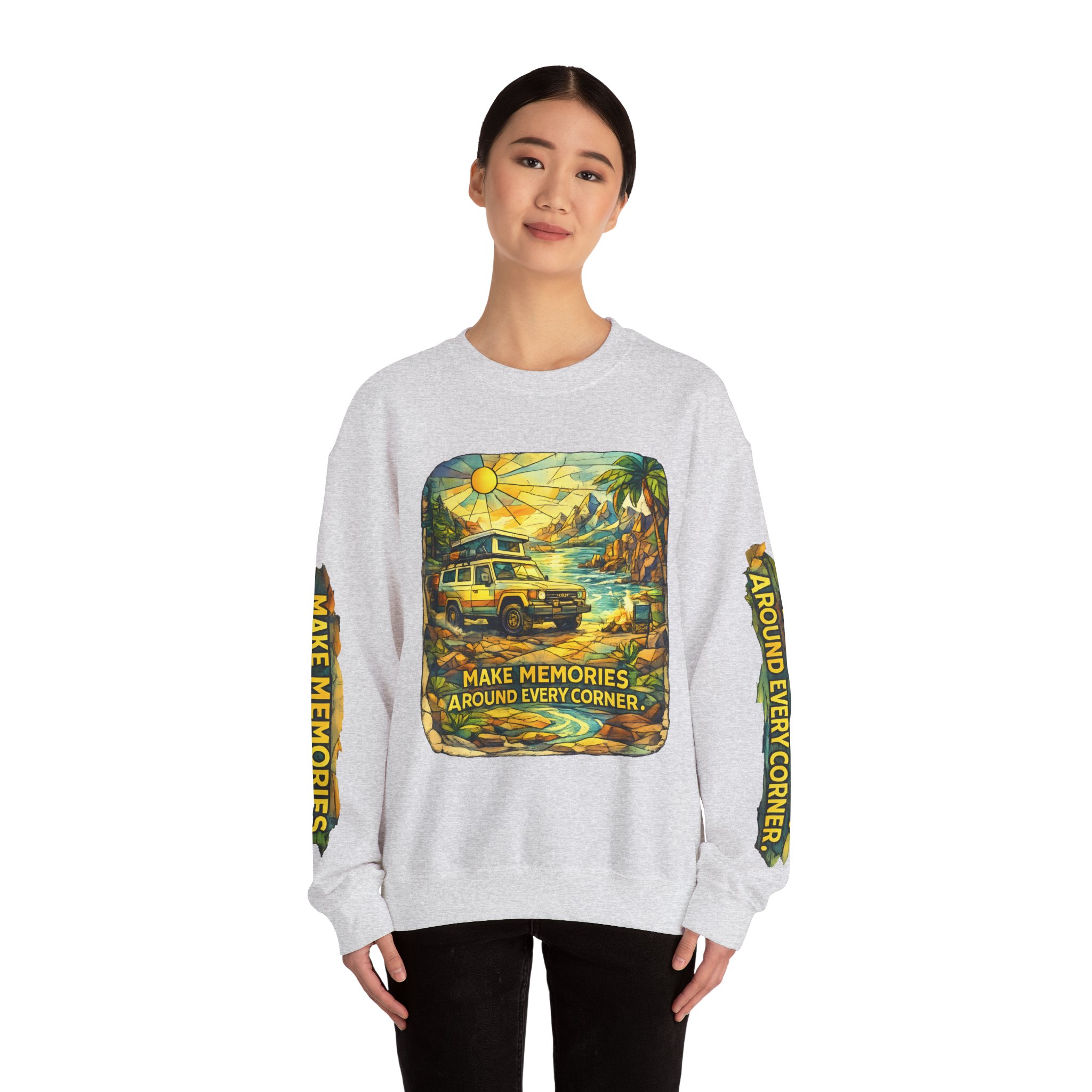 Unisex Heavy Blend™ Crewneck Sweatshirt — "Make Memories Around Every Corner" Design Cubic-Line