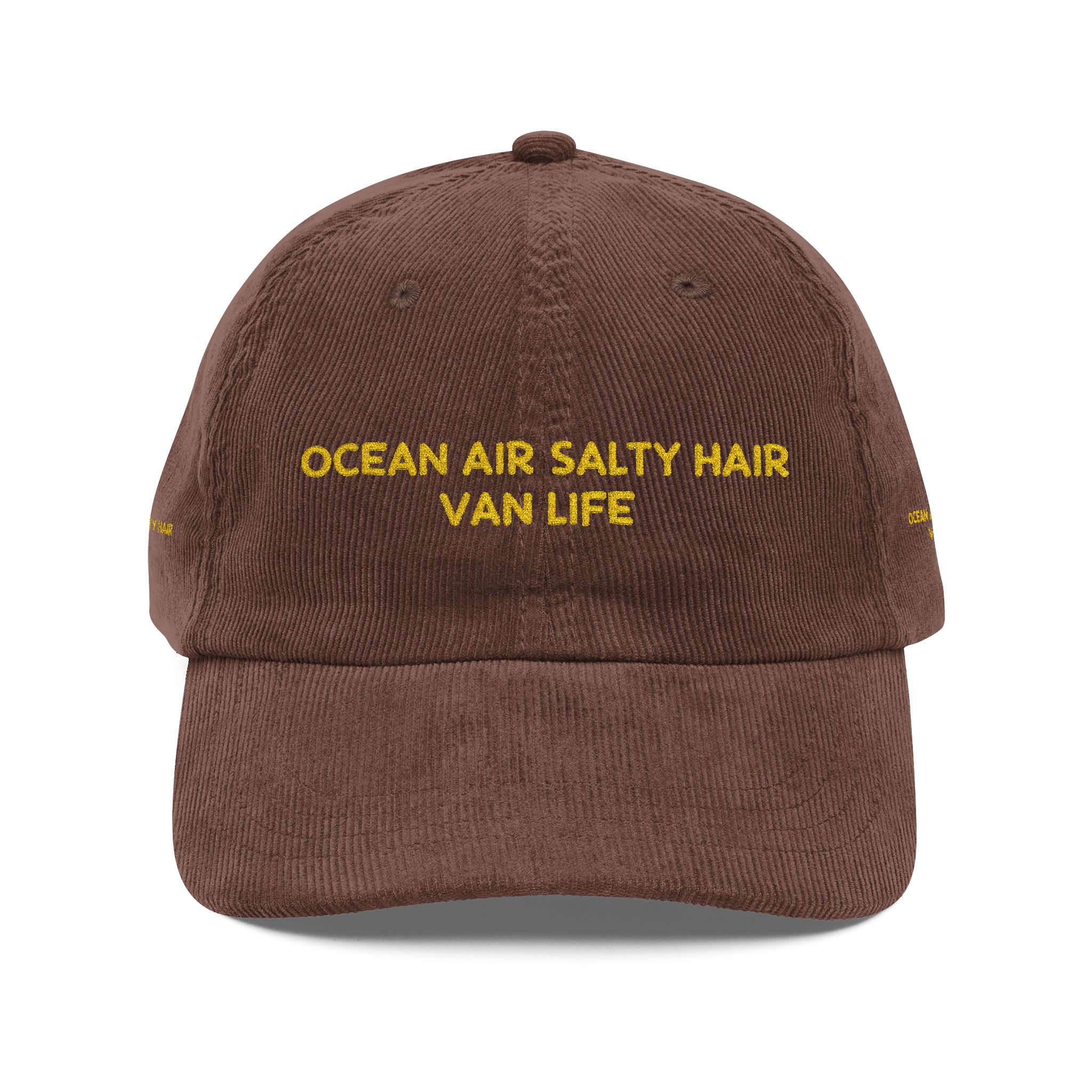 9263887488260727064_2048-1.jpeg Vintage Corduroy Cap (Embroidery) — "Ocean Air Salty Hair Van Live " Embroidered Hat