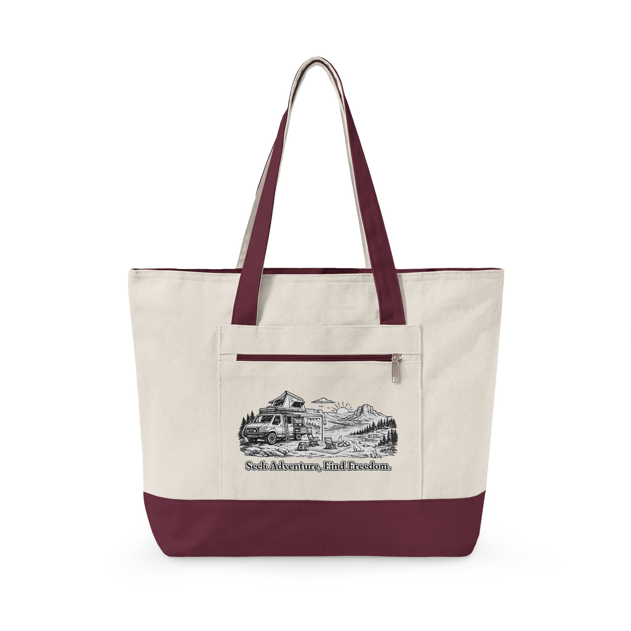 Zippered Canvas Tote — "Seek Adventure, Find Freedom" (Design Minimal-Line)