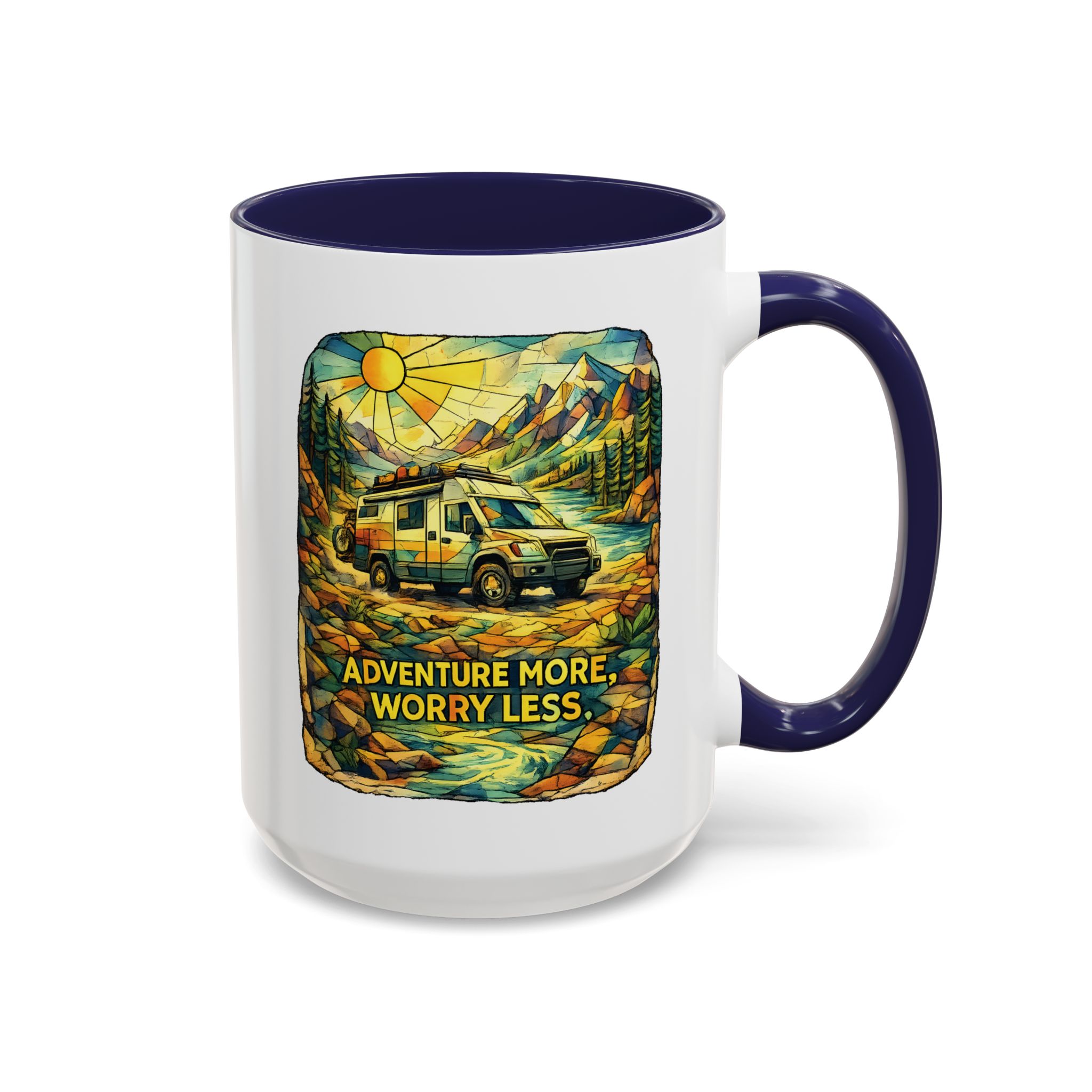 Accent Coffee Mug (11, 15oz) — "Adventure More Worry Less" Design Cubic-Line
