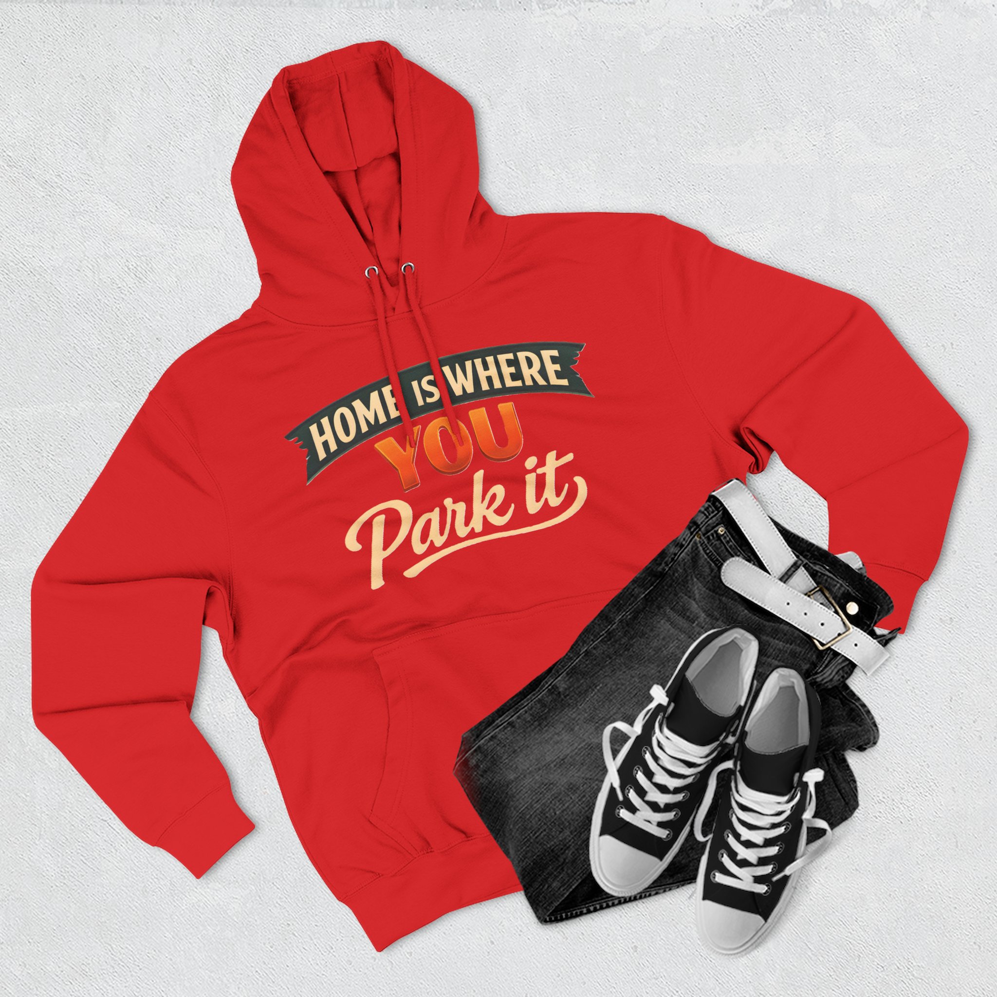 92855683321739937_2048.jpeg Three-Panel Fleece Hoodie - "Home Is Where You Park It" Design Scenic-Line