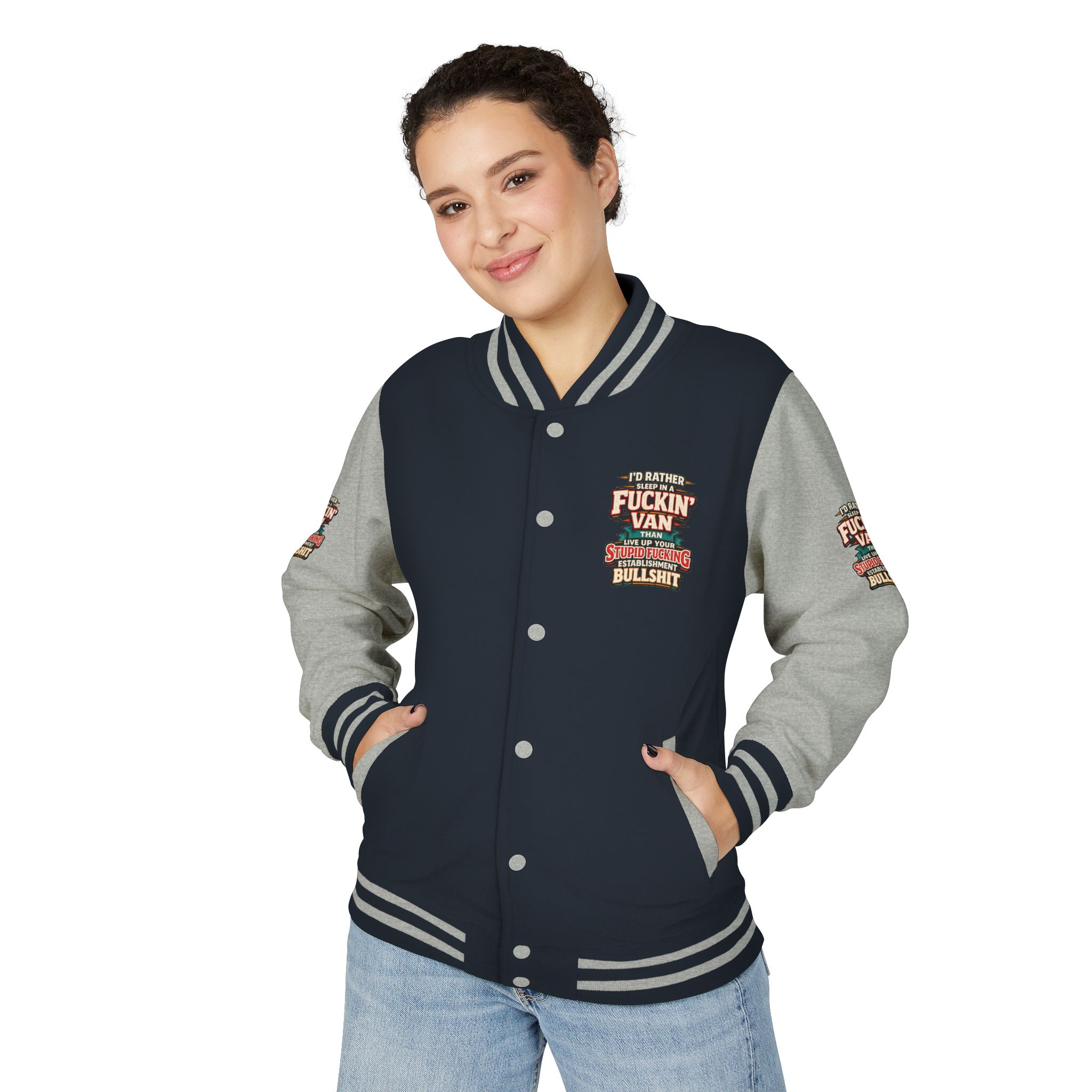 Unisex Heavyweight Letterman Jacket — "I´d Rather Sleep in A Fucking Van" Design F**K-Line