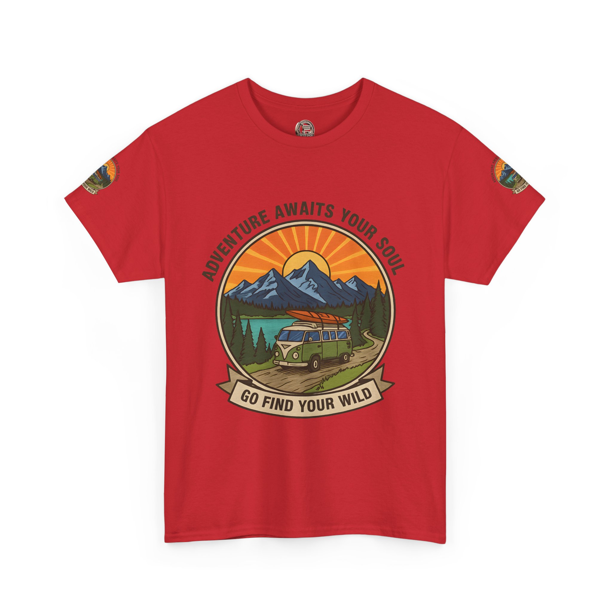 Unisex Heavy Cotton Tee — “Adventure Awaits Your Soul: Go Find Your Wild” Van & Mountain Graphic
