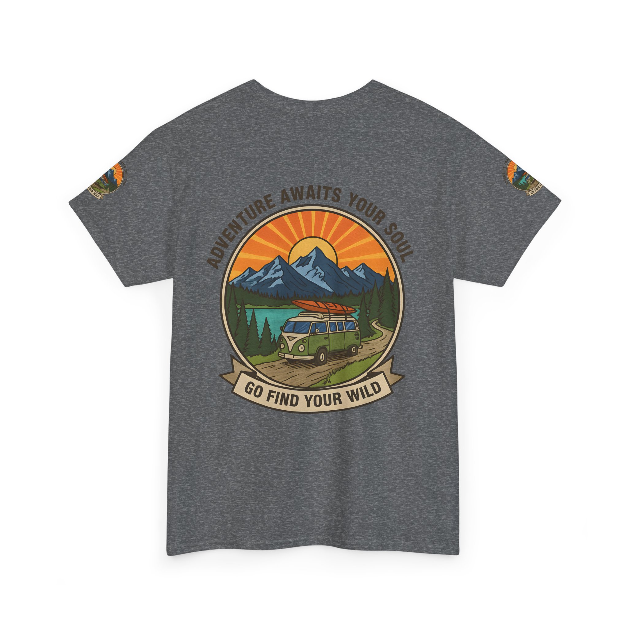 Unisex Heavy Cotton Tee — “Adventure Awaits Your Soul: Go Find Your Wild” Van & Mountain Graphic