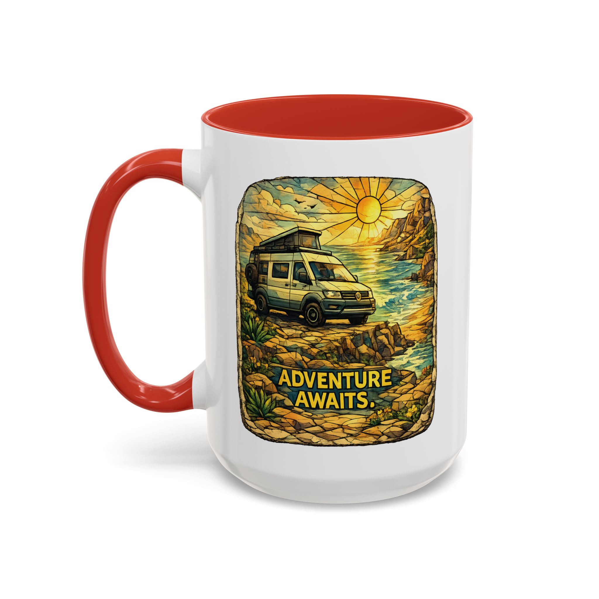 Accent Coffee Mug (11, 15oz) — "Adventure Awaits" Design Cubic-Line