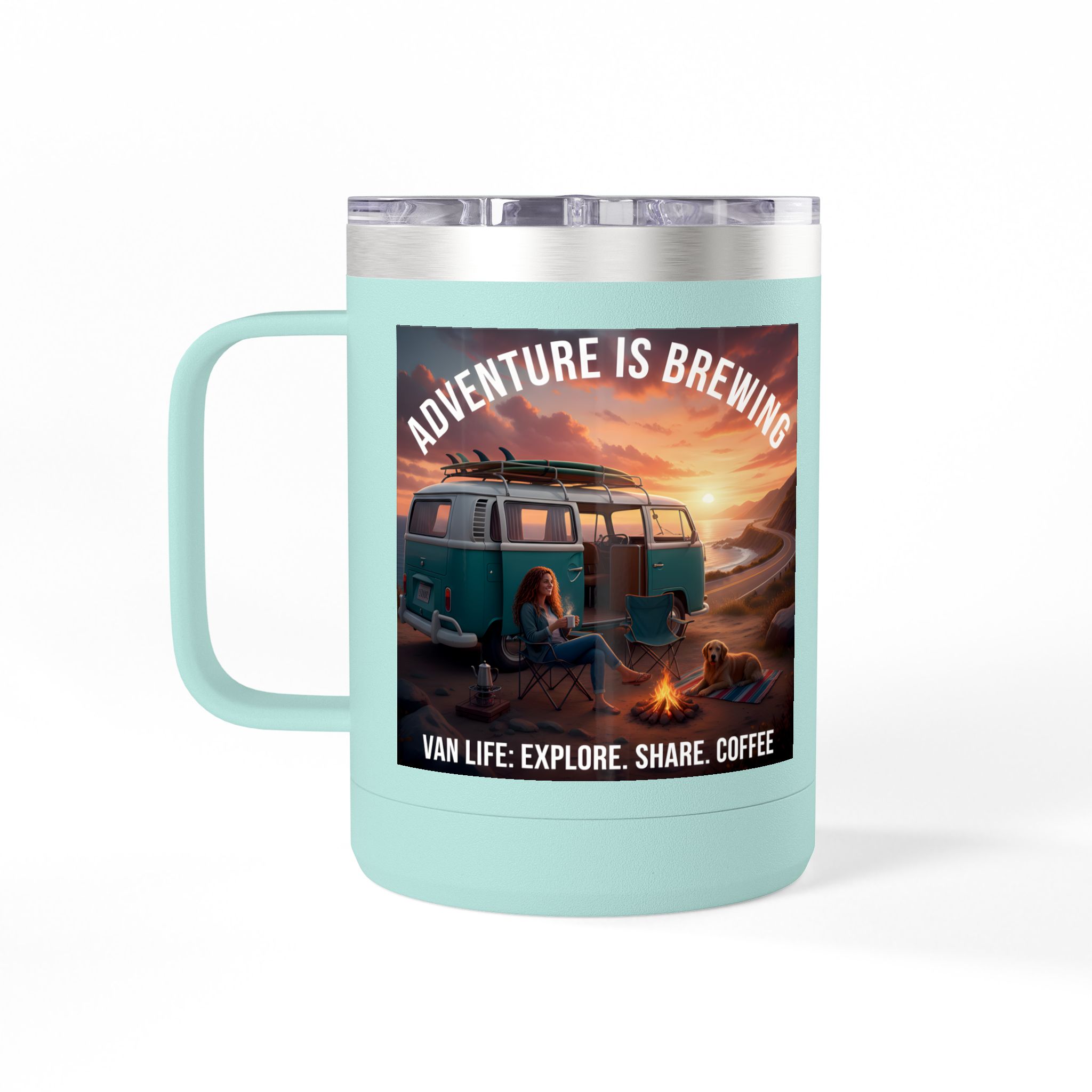 Coffee Mug Tumbler, 15oz-- "Adventure Is Brewing"