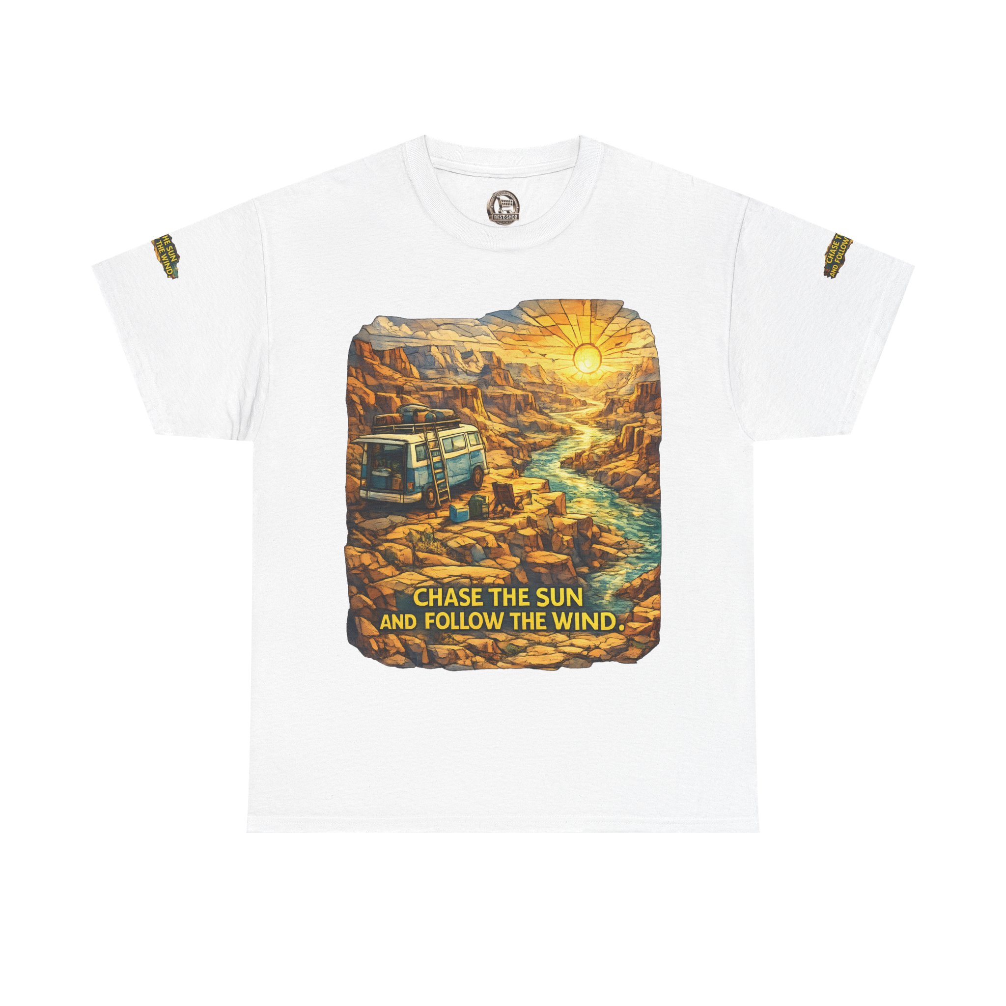 9344908194874941385_2048.jpeg Unisex Heavy Cotton Tee — "Chase The Sun And Follow The Wind" Design Cubic-Line
