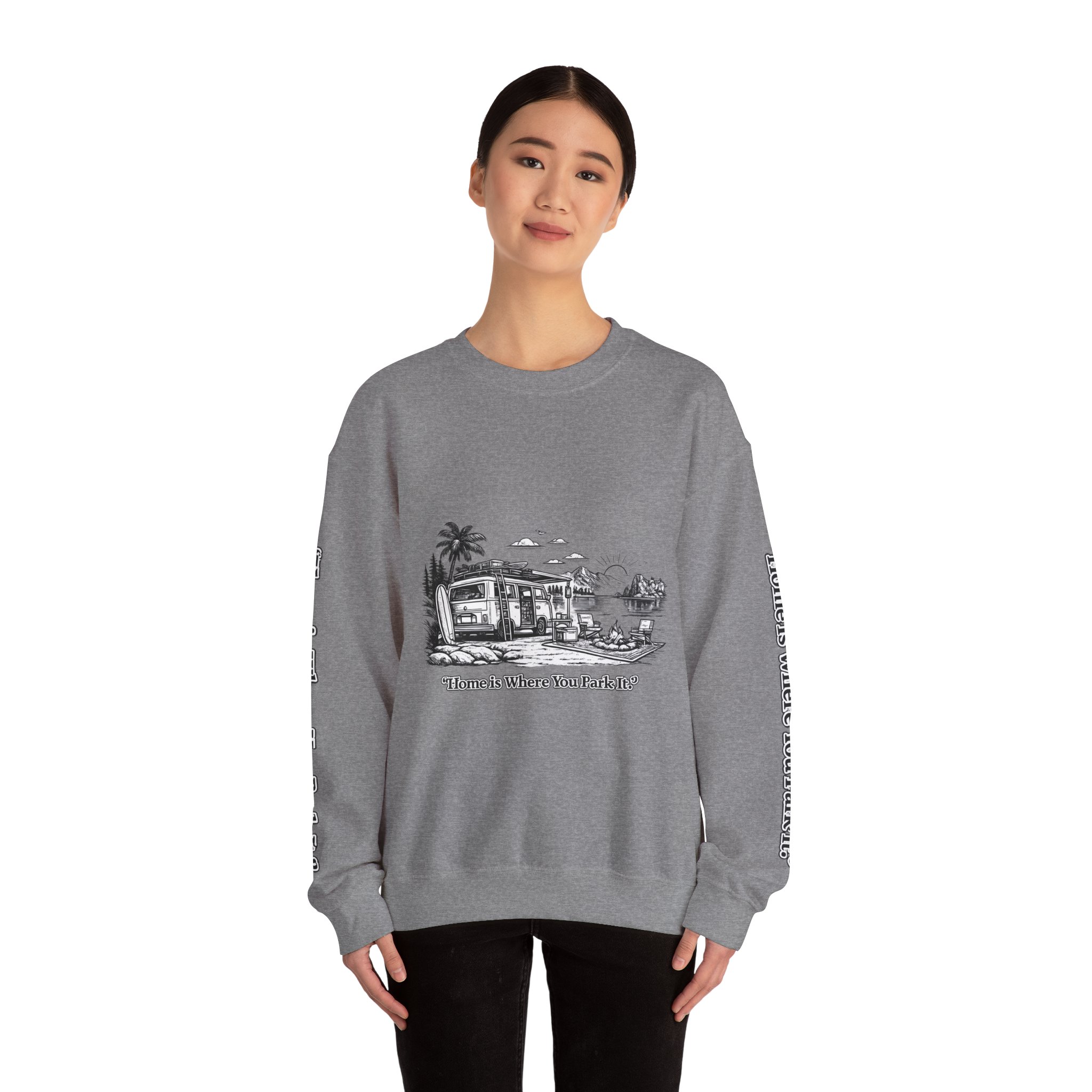 Unisex Heavy Blend™ Crewneck Sweatshirt — "Home Is Where You Park It" Design Minimal-Line