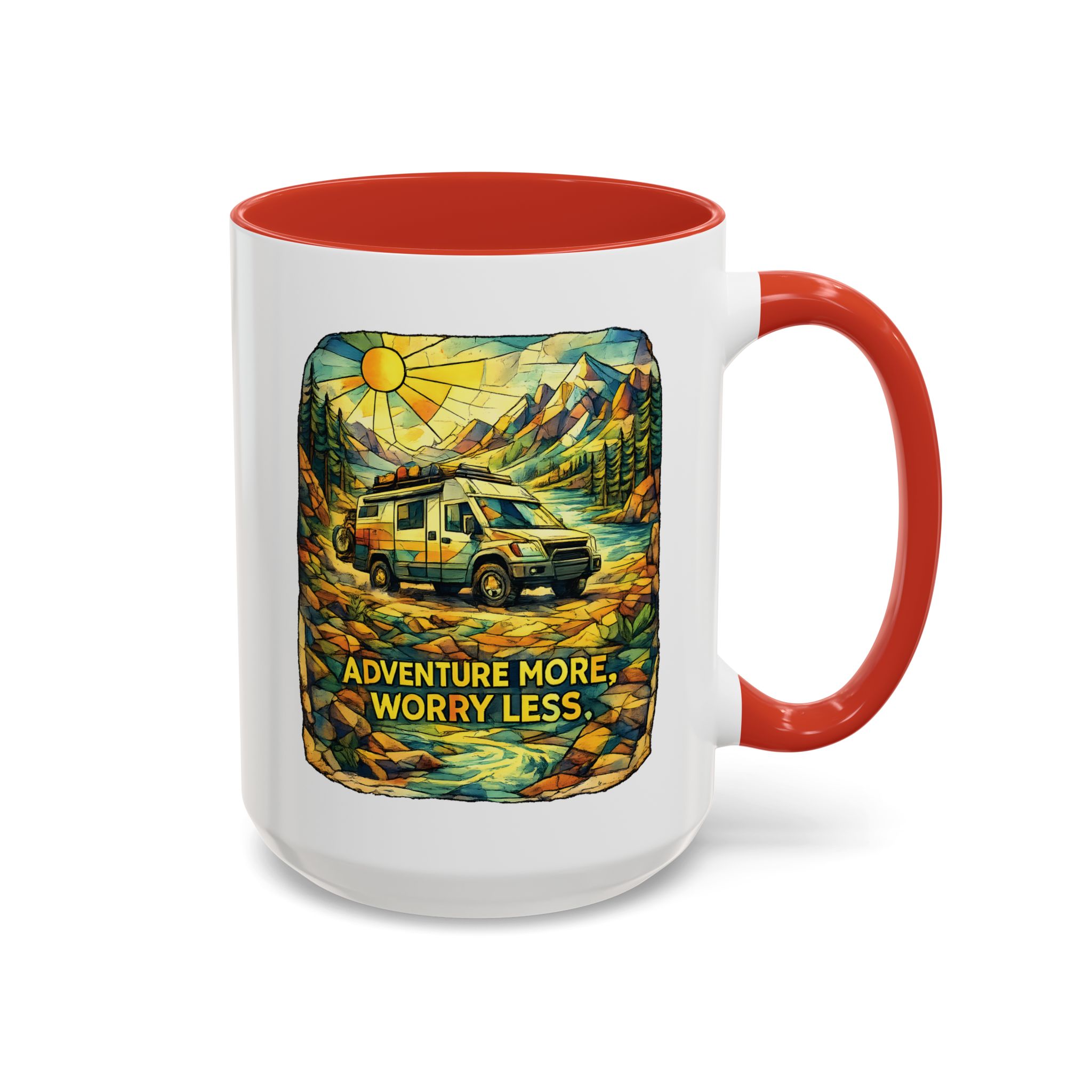 Accent Coffee Mug (11, 15oz) — "Adventure More Worry Less" Design Cubic-Line