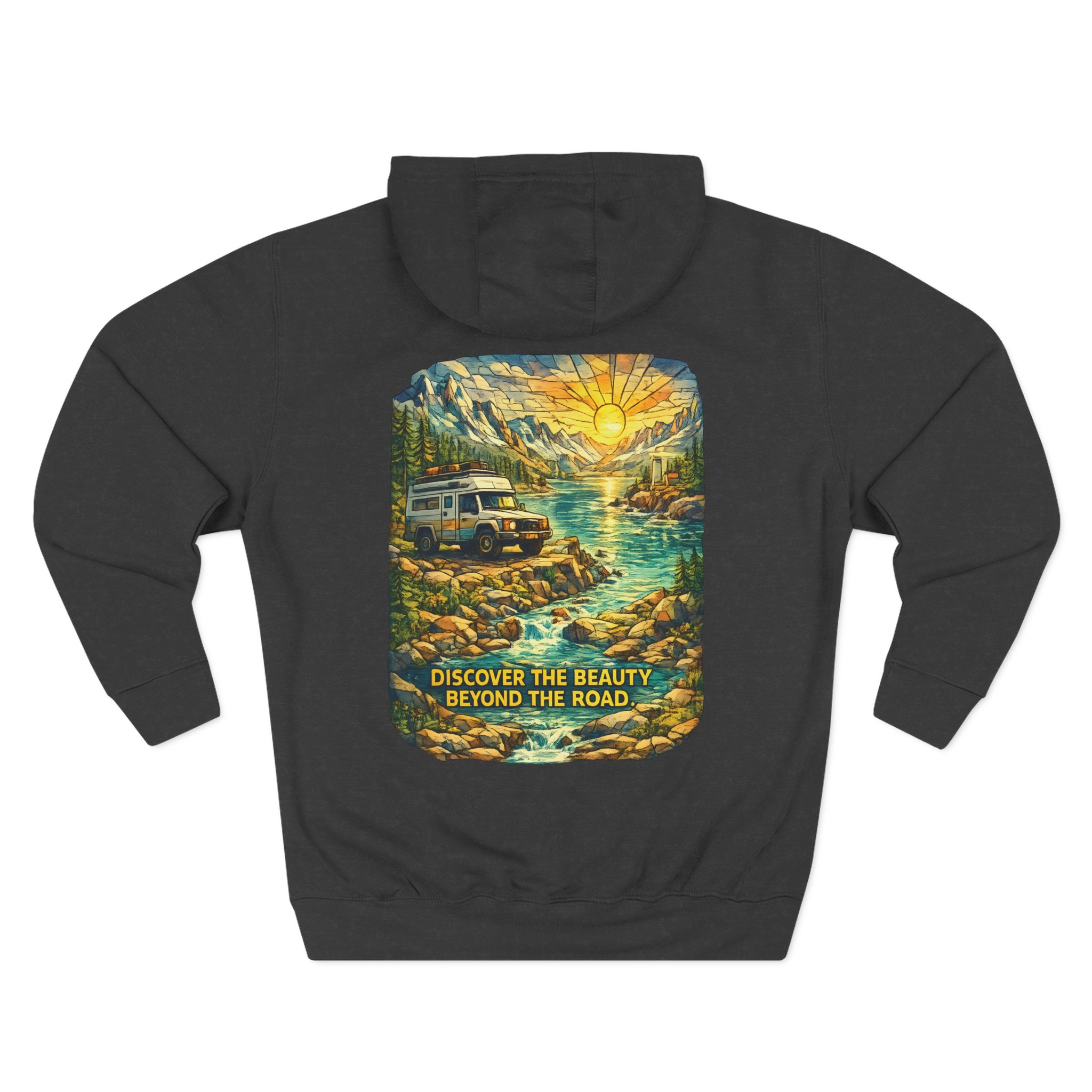 Three-Panel Fleece Hoodie - "Discover The Bieuty Beyond The Road" Design Cubic-Line