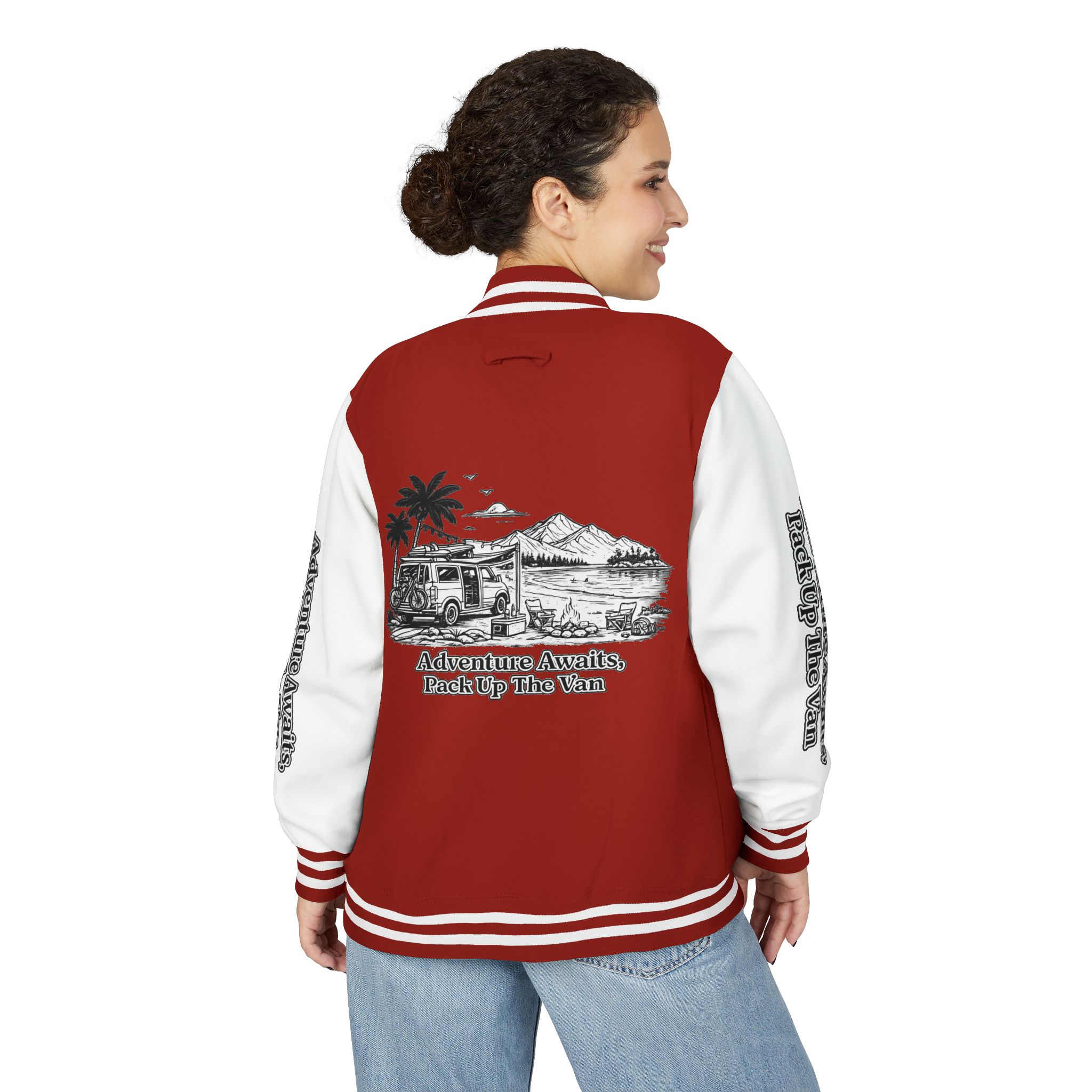 Unisex Heavyweight Letterman Jacket — "Adventure Awaits,Pack Up The Van" Travel Varsity Coat